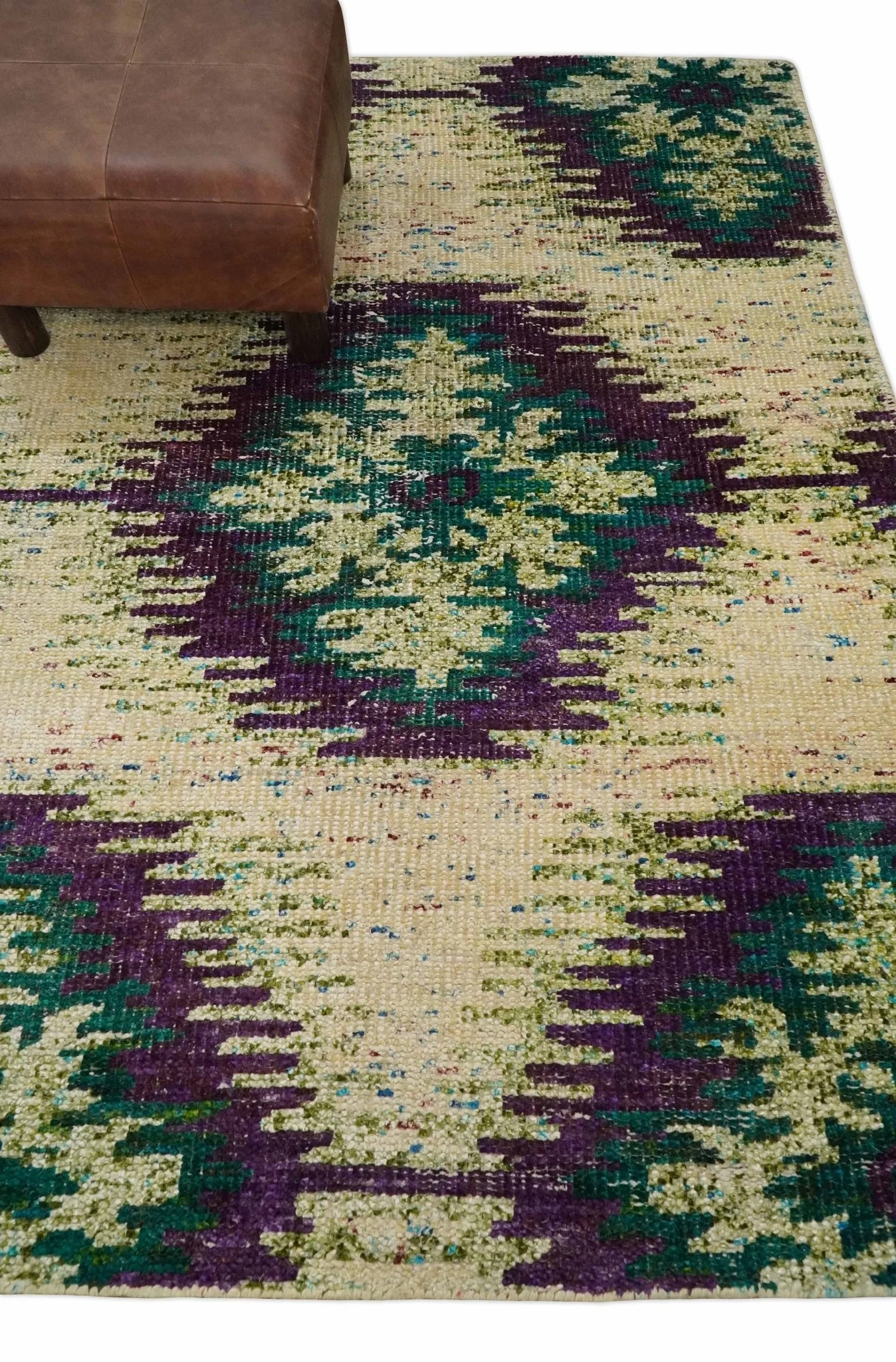Hand Knotted 4x6 Beige, Violet and Green Persian made of Recycled Silk Area Rug | OP57 - Image 5