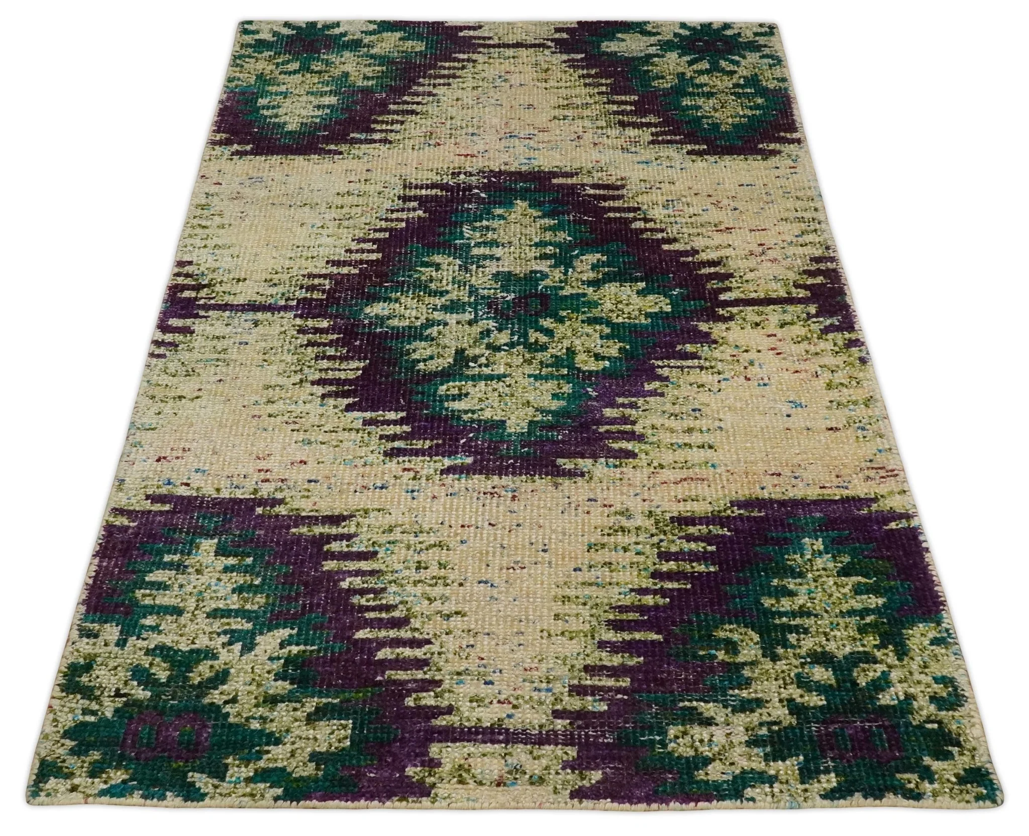 Hand Knotted 4x6 Beige, Violet and Green Persian made of Recycled Silk Area Rug | OP57 - Image 9