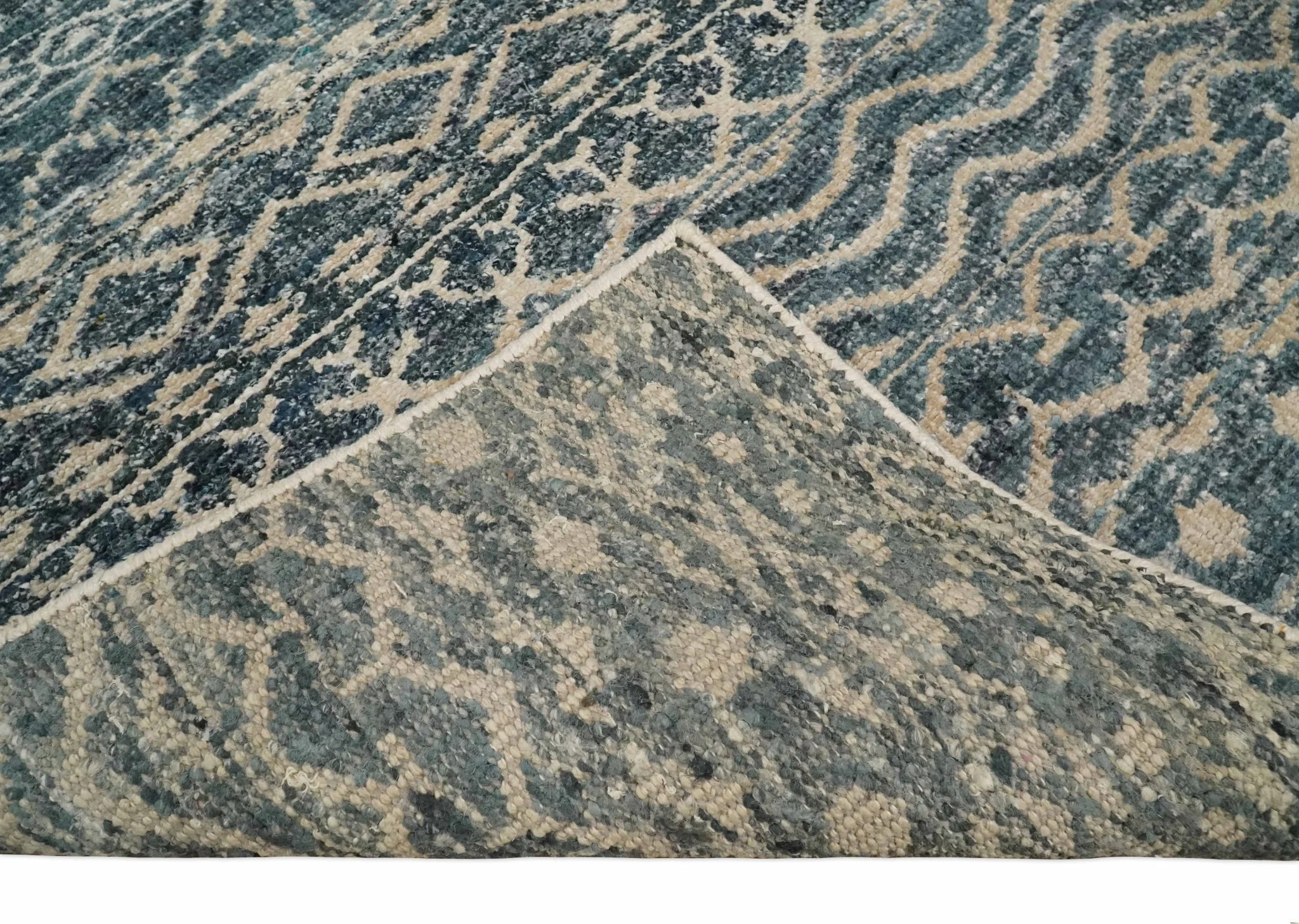 4x6 Hand Knotted Ivory, Beige and Blue Modern Contemporary Southwestern Tribal Trellis Recycled Silk Area Rug | OP55 - Image 10
