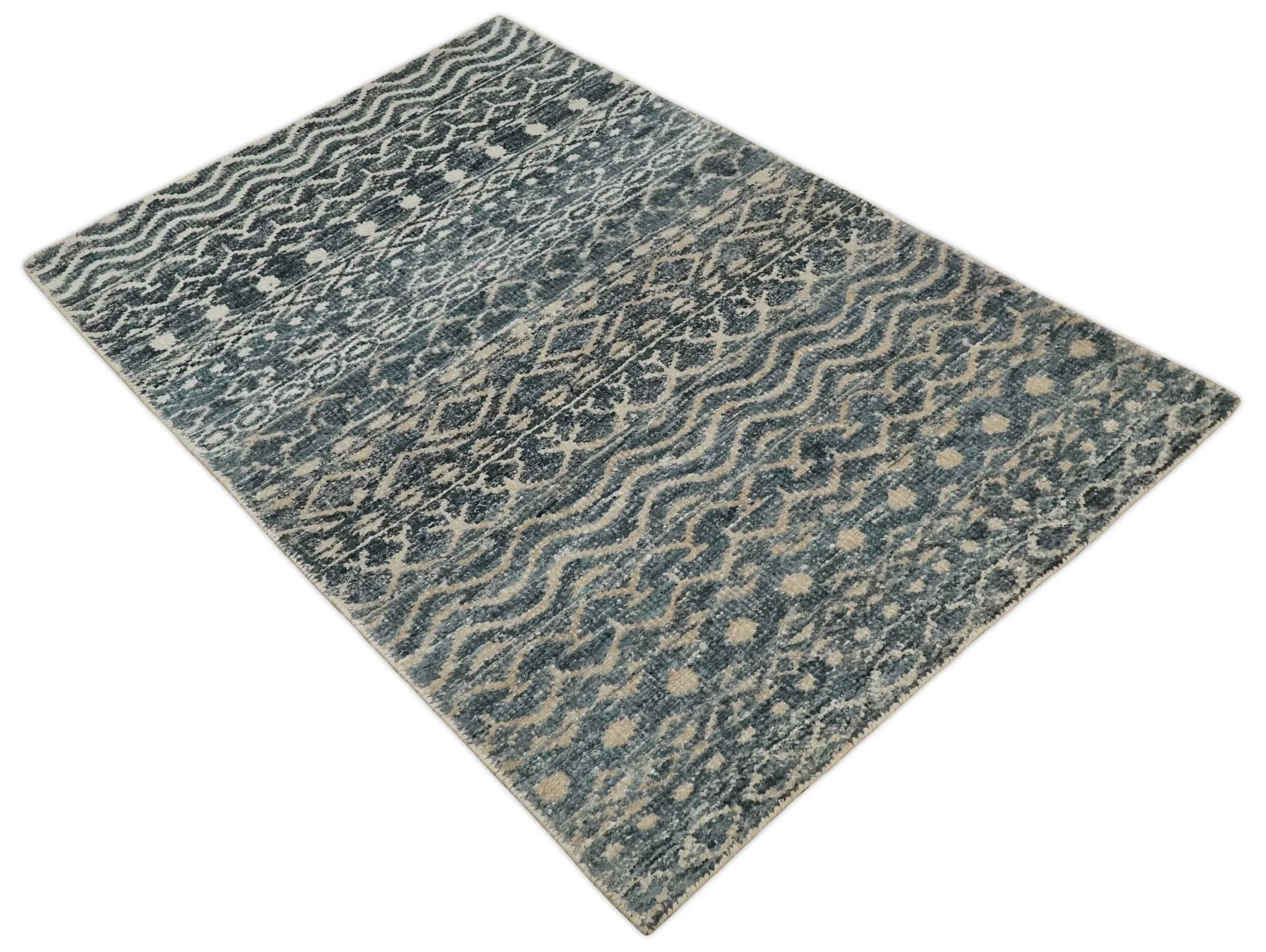 4x6 Hand Knotted Ivory, Beige and Blue Modern Contemporary Southwestern Tribal Trellis Recycled Silk Area Rug | OP55 - Image 4