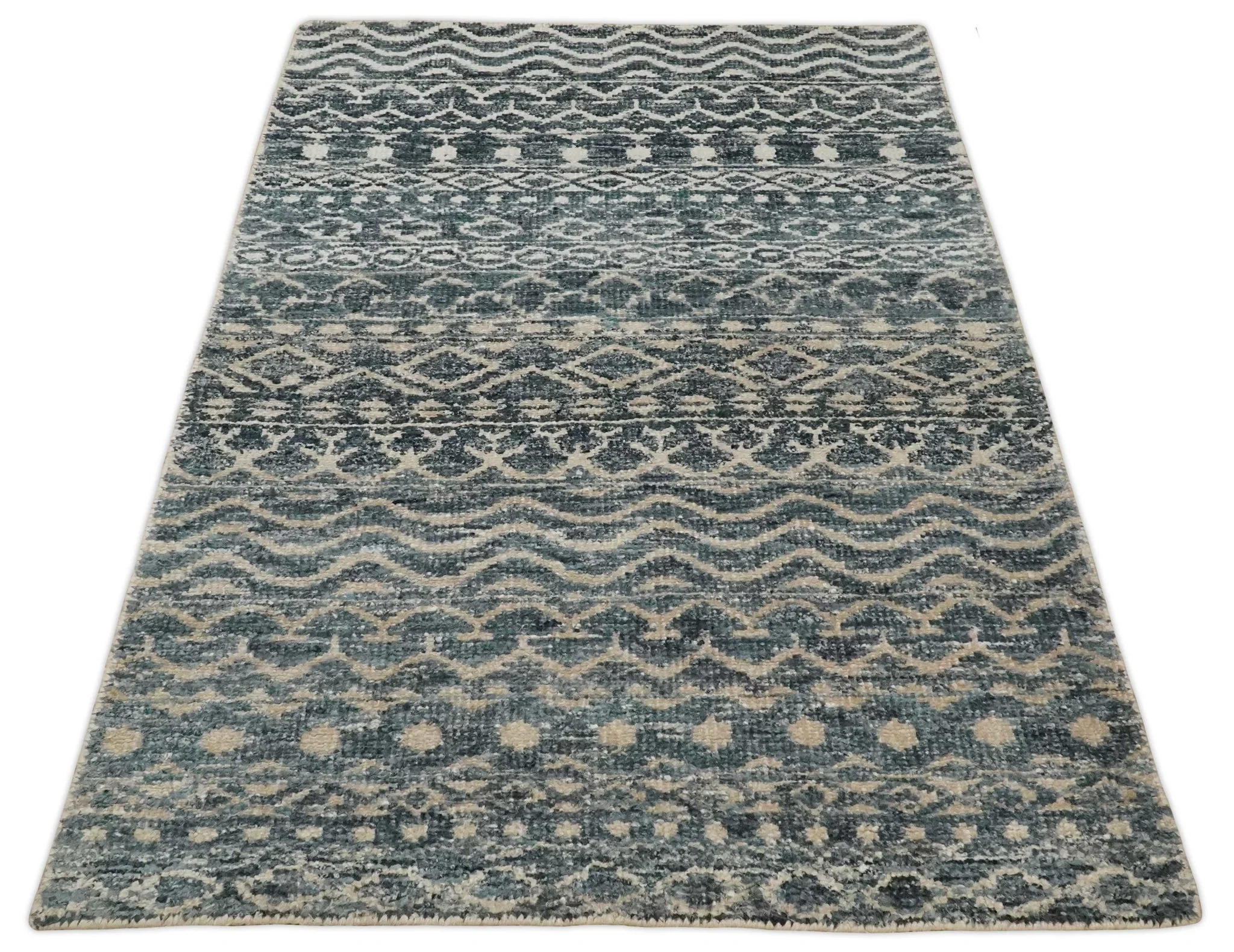 4x6 Hand Knotted Ivory, Beige and Blue Modern Contemporary Southwestern Tribal Trellis Recycled Silk Area Rug | OP55 - Image 5