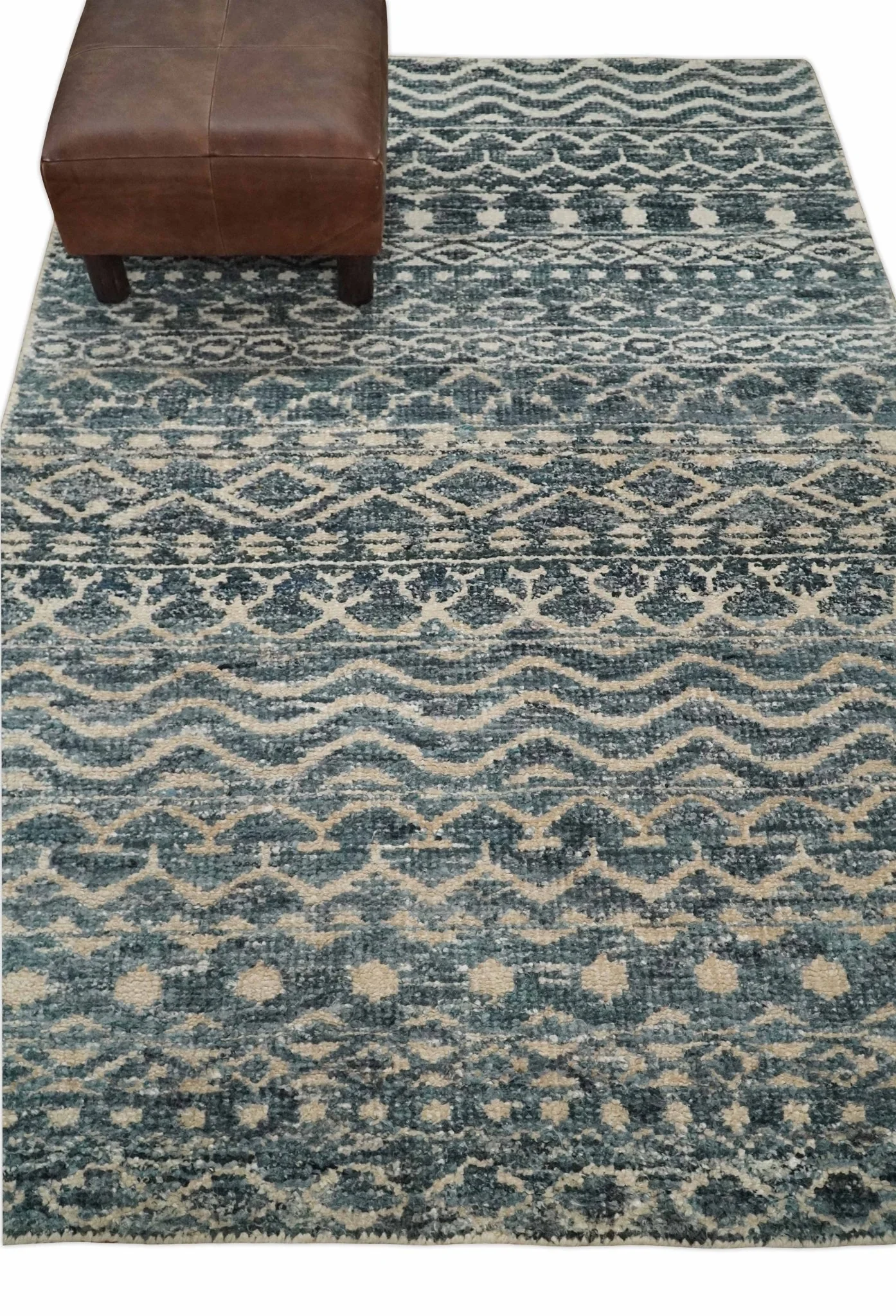 4x6 Hand Knotted Ivory, Beige and Blue Modern Contemporary Southwestern Tribal Trellis Recycled Silk Area Rug | OP55 - Image 9