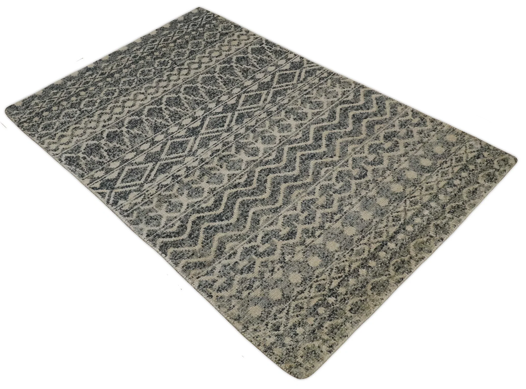 4x6 Hand Knotted Ivory, Black and Gray Modern Contemporary Southwestern Tribal Trellis Recycled Silk Area Rug | OP56 - Image 10
