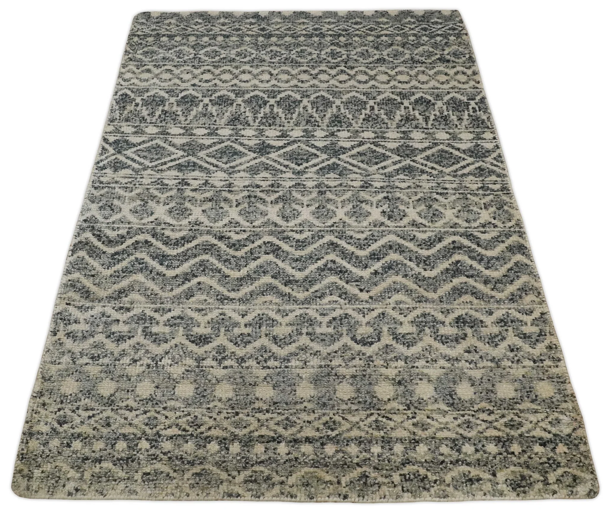 4x6 Hand Knotted Ivory, Black and Gray Modern Contemporary Southwestern Tribal Trellis Recycled Silk Area Rug | OP56 - Image 11