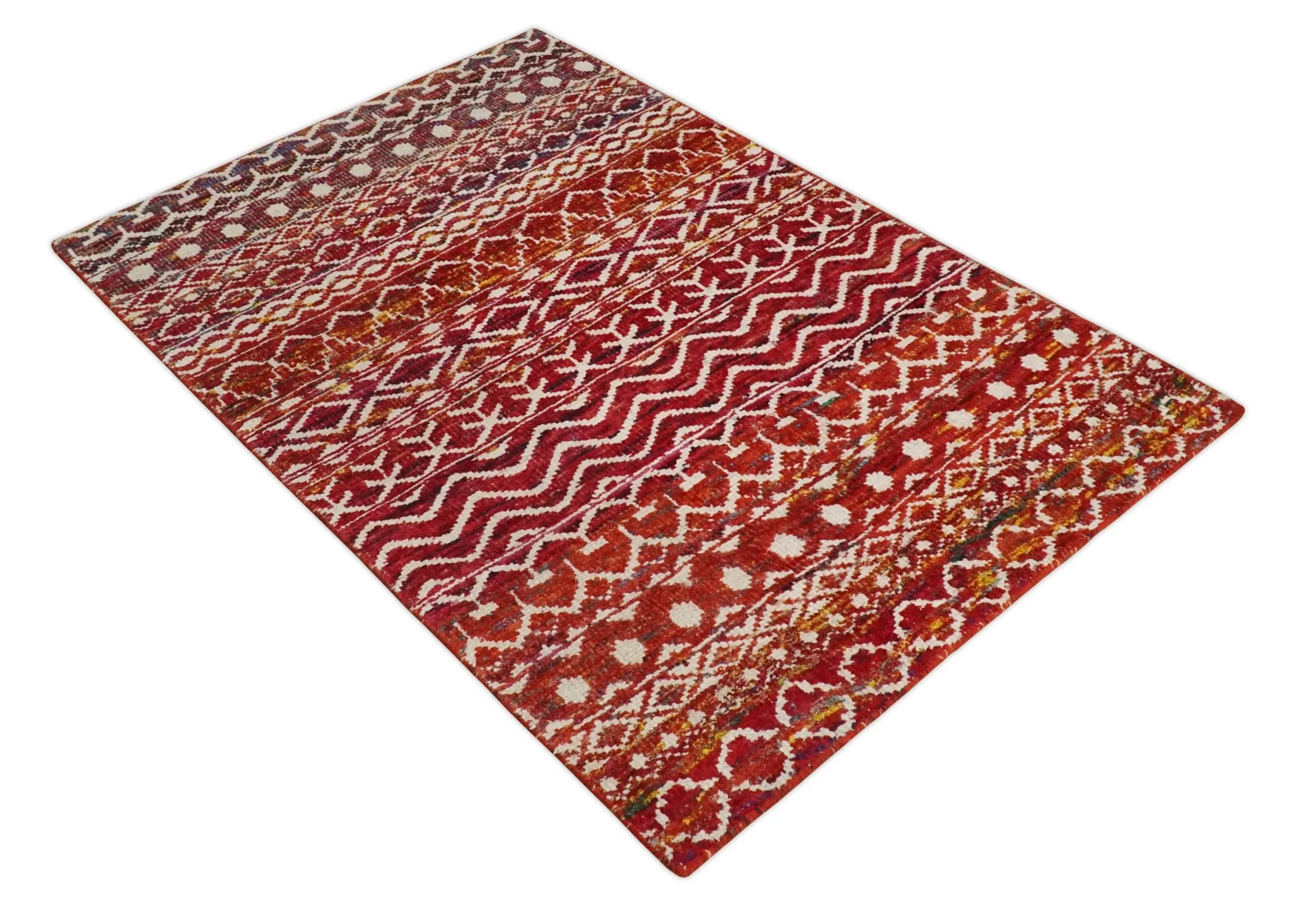 4x6 Hand Knotted Rust and Ivory Modern Contemporary Southwestern Tribal Trellis Recycled Silk Area Rug | OP60 - Image 10
