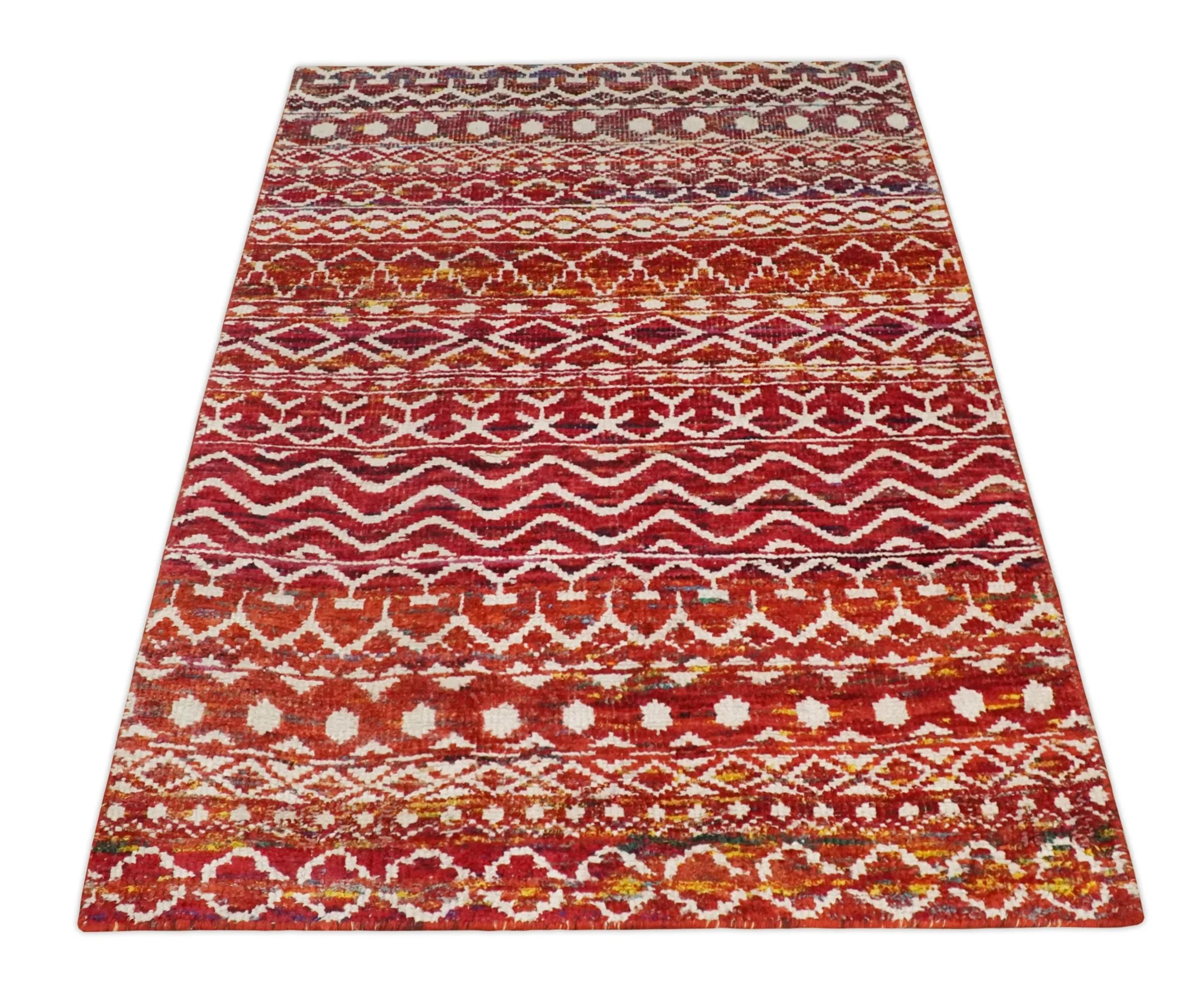 4x6 Hand Knotted Rust and Ivory Modern Contemporary Southwestern Tribal Trellis Recycled Silk Area Rug | OP60 - Image 11