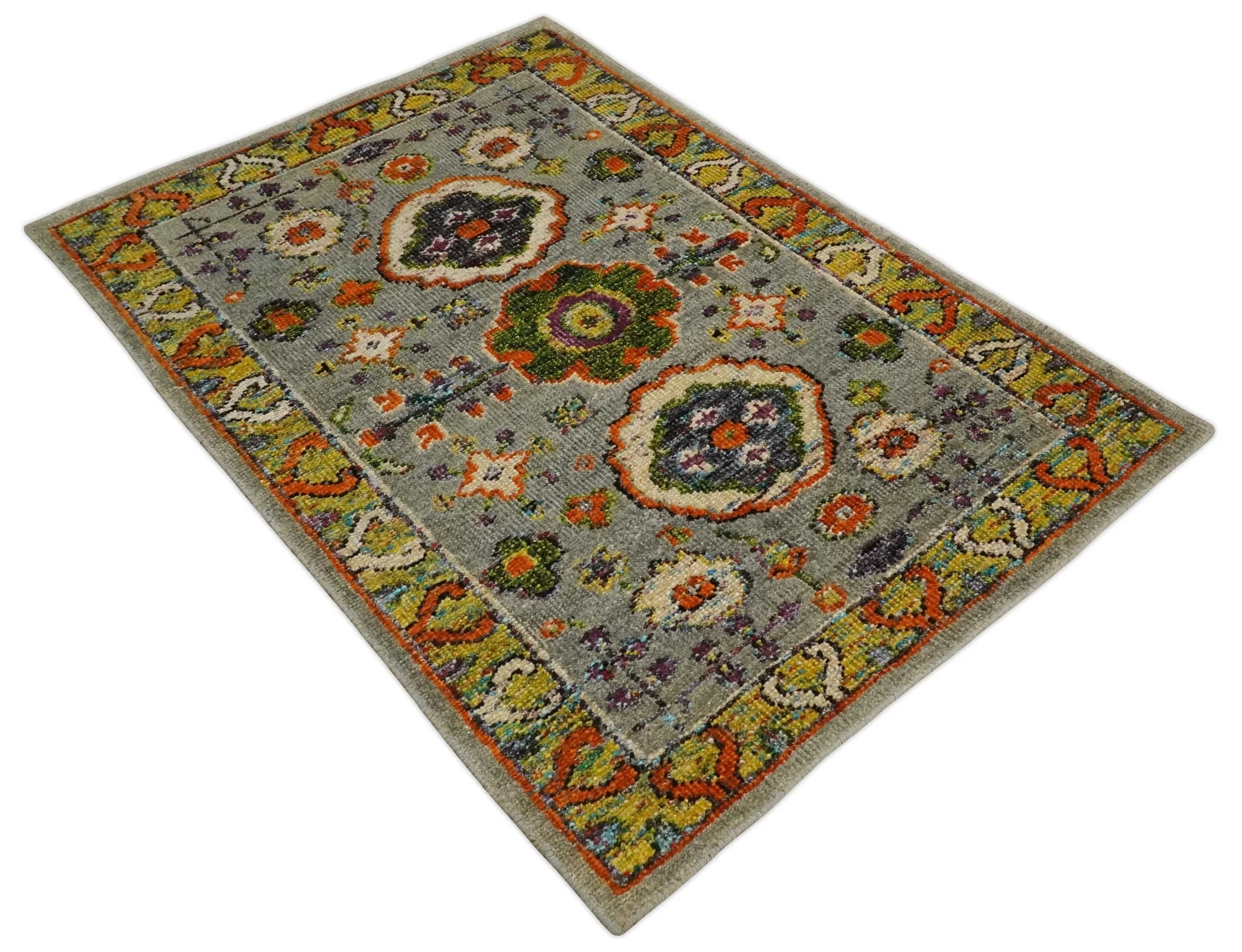 4x6 Hand Knotted Silver, Yellow and Orange Persian Oushak made of Recycled Silk Area Rug | OP58 - Image 10