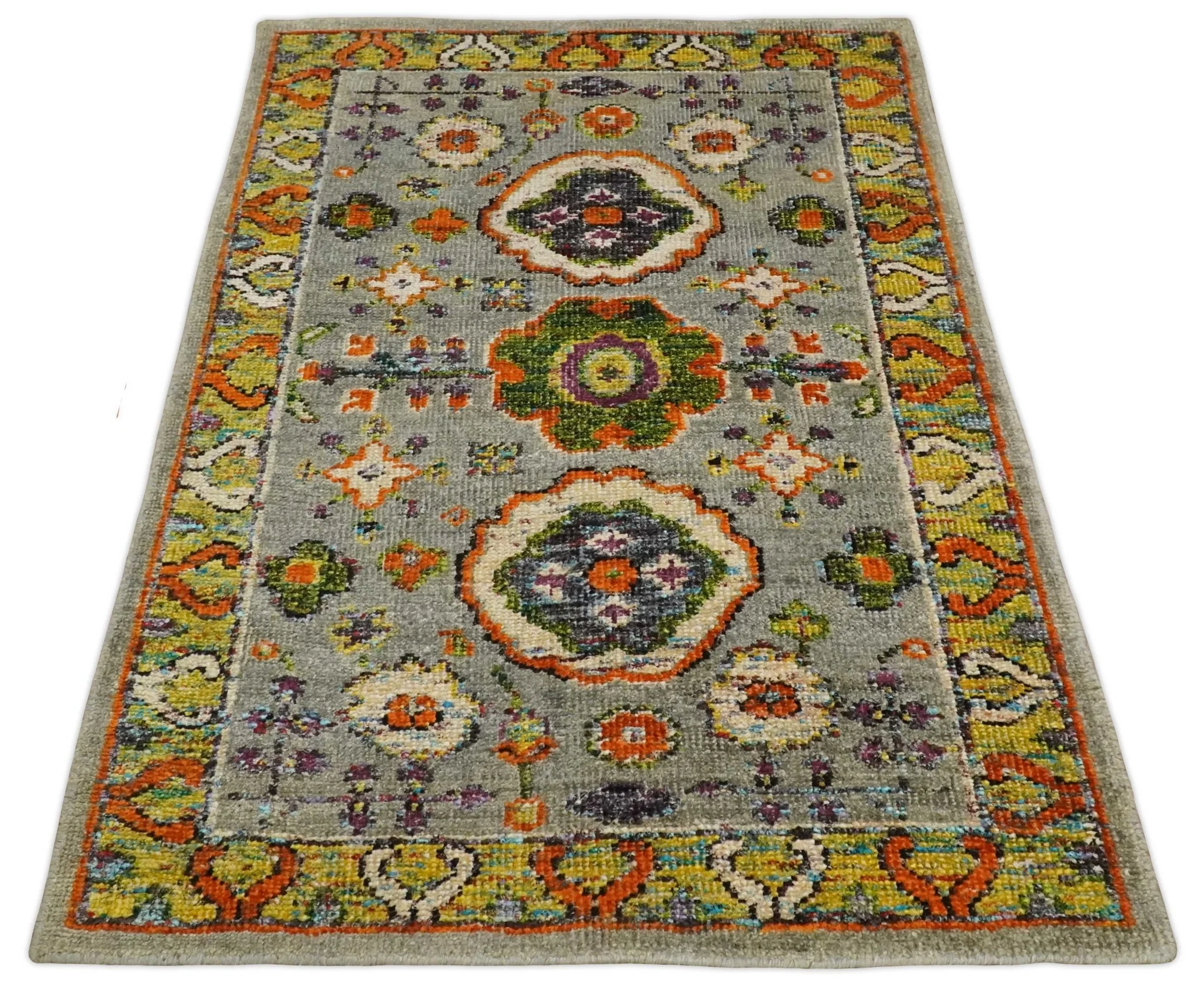 4x6 Hand Knotted Silver, Yellow and Orange Persian Oushak made of Recycled Silk Area Rug | OP58 - Image 11