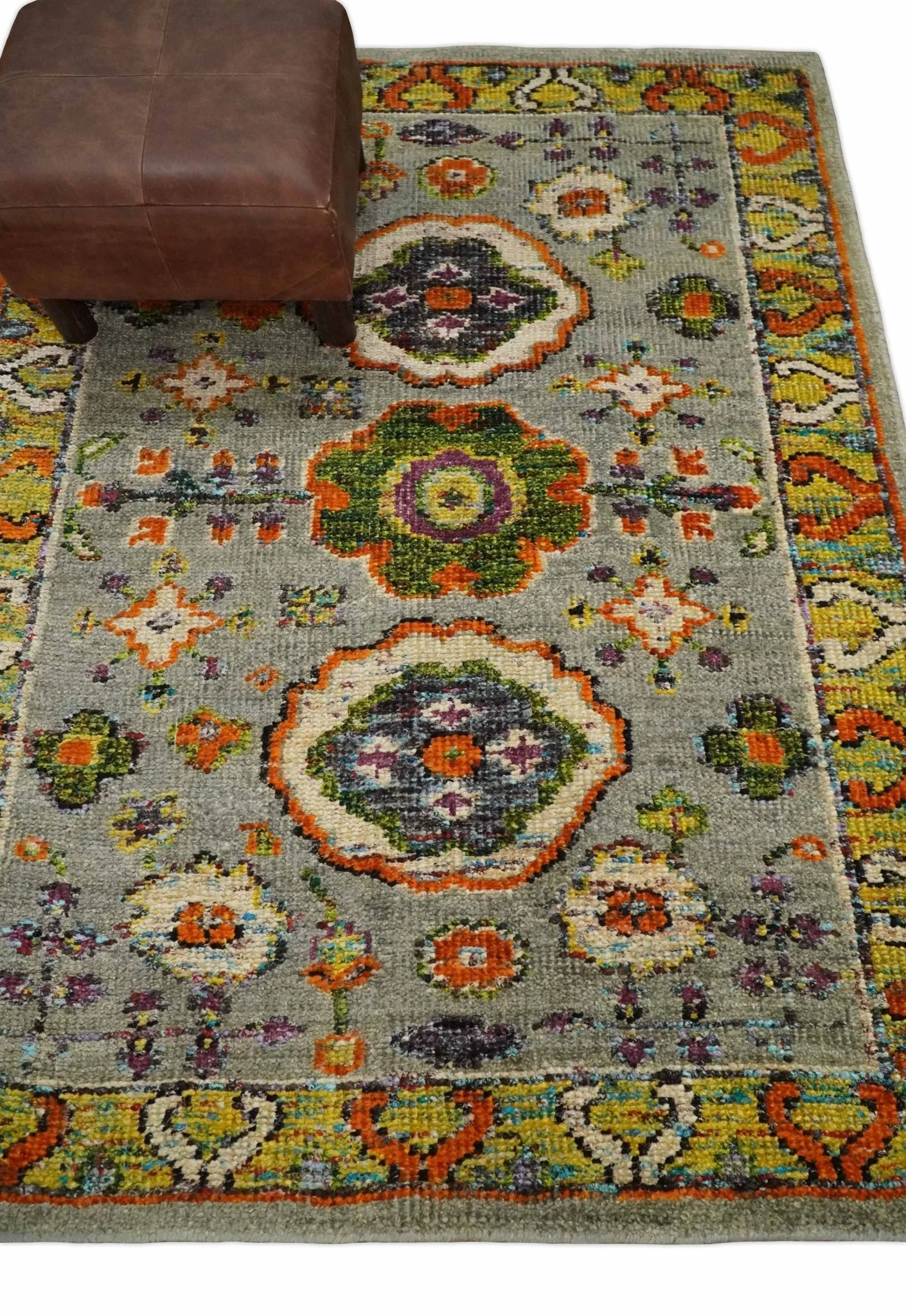 4x6 Hand Knotted Silver, Yellow and Orange Persian Oushak made of Recycled Silk Area Rug | OP58 - Image 5
