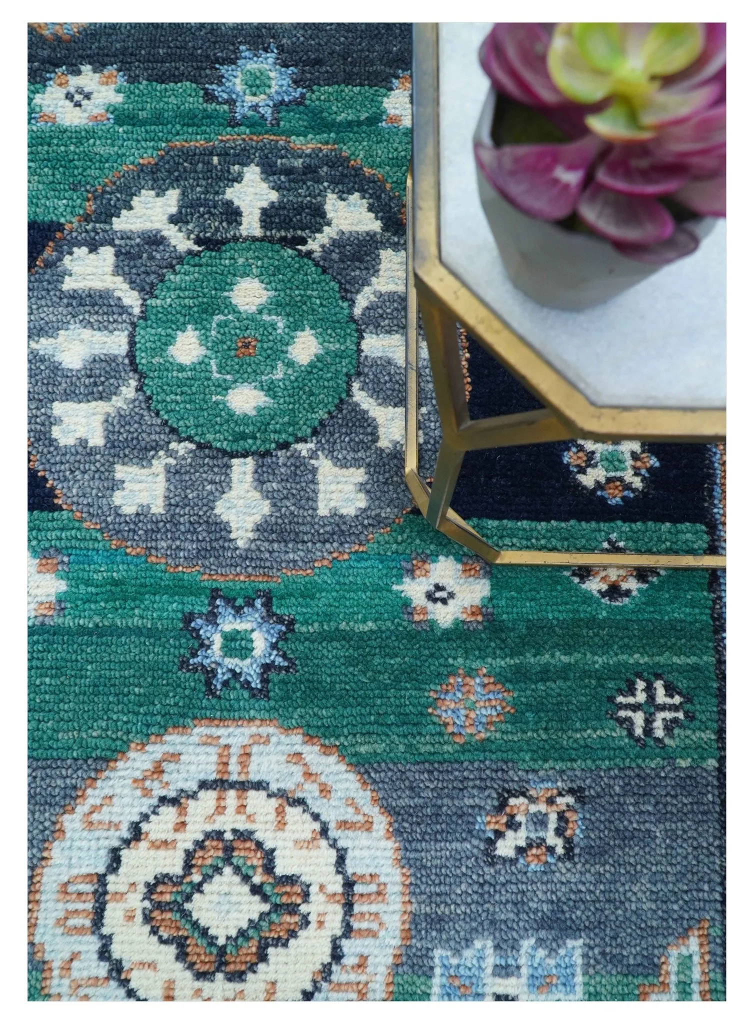 4x6 Hand knotted Traditional Khotan Design Teal And Ivory Wool Rug - Image 10