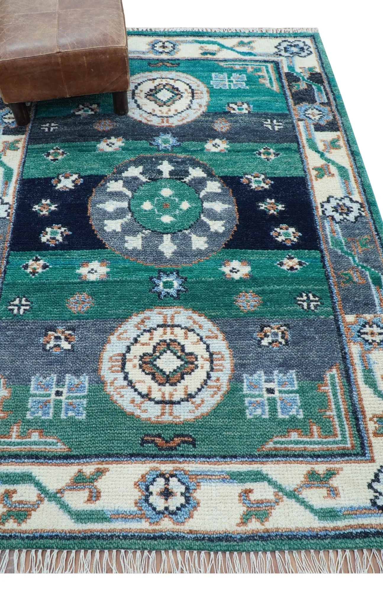 4x6 Hand knotted Traditional Khotan Design Teal And Ivory Wool Rug - Image 11
