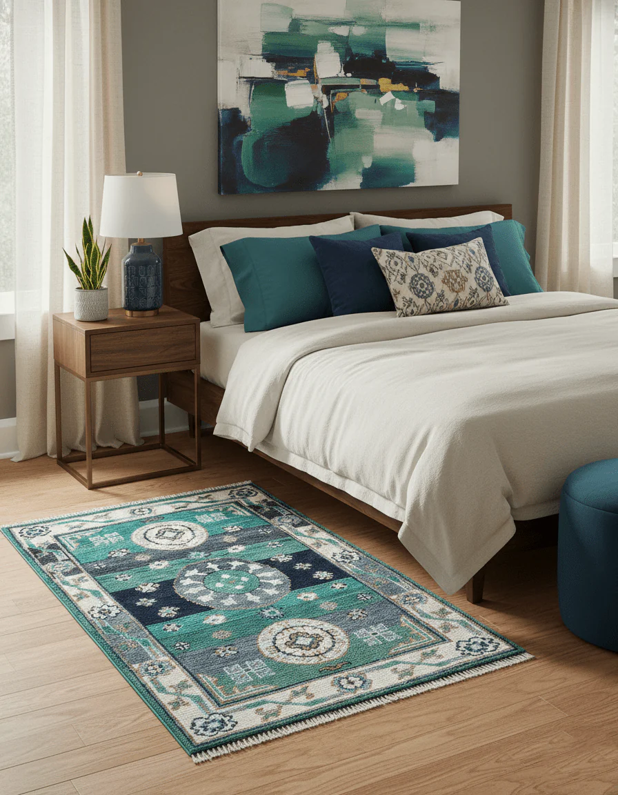 4x6 Hand knotted Traditional Khotan Design Teal And Ivory Wool Rug - Image 2