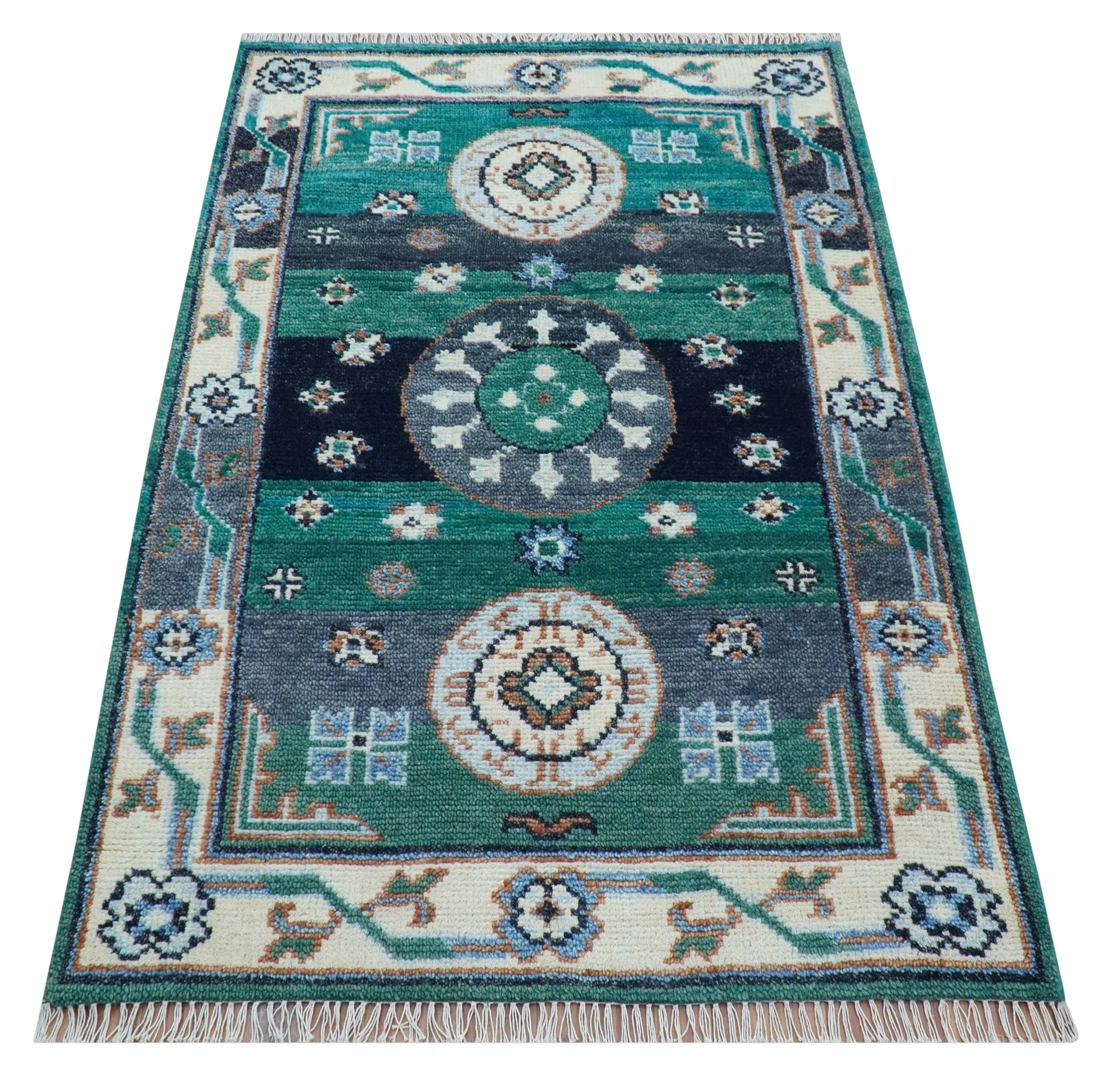 4x6 Hand knotted Traditional Khotan Design Teal And Ivory Wool Rug - Image 3