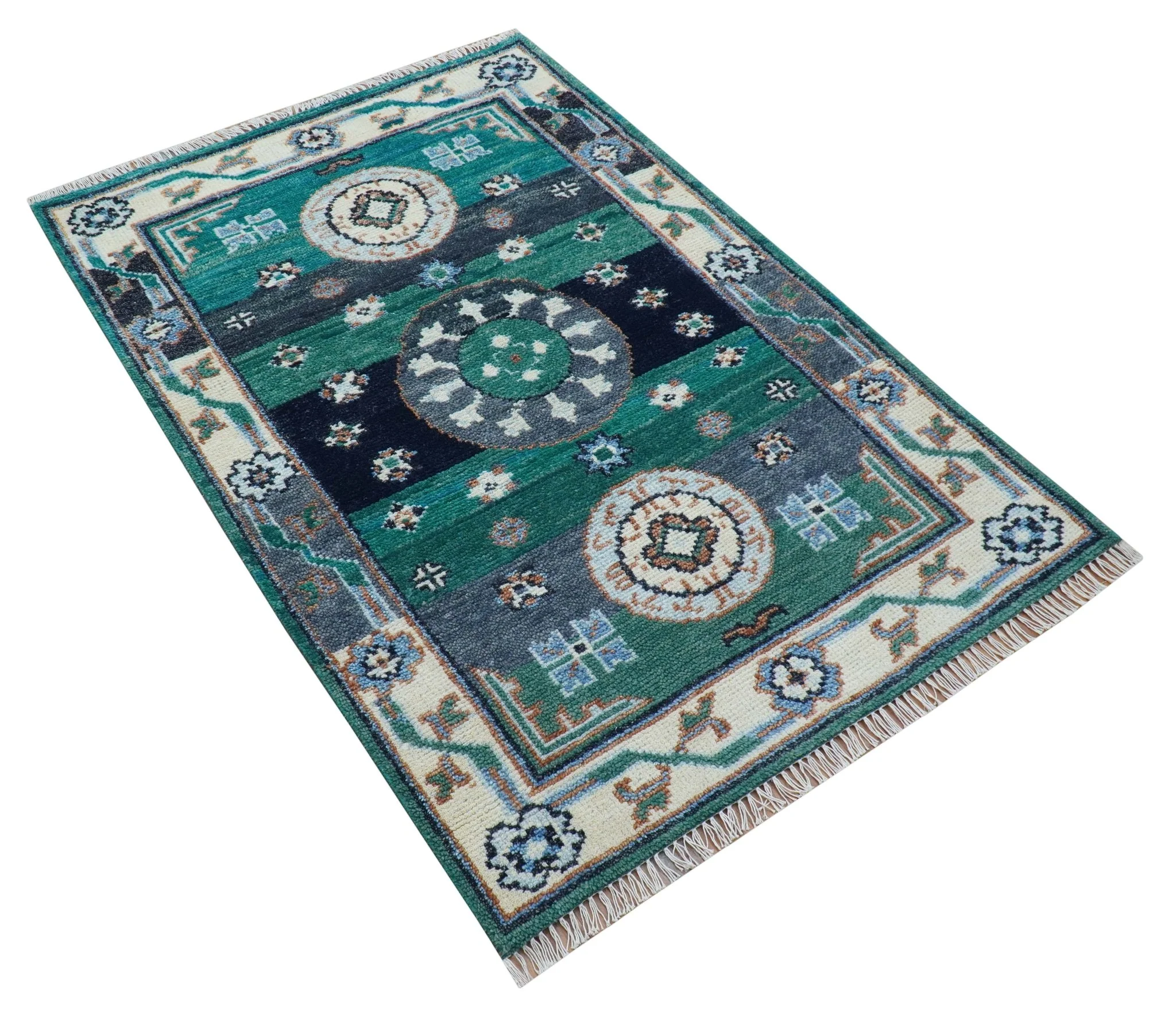 4x6 Hand knotted Traditional Khotan Design Teal And Ivory Wool Rug - Image 4
