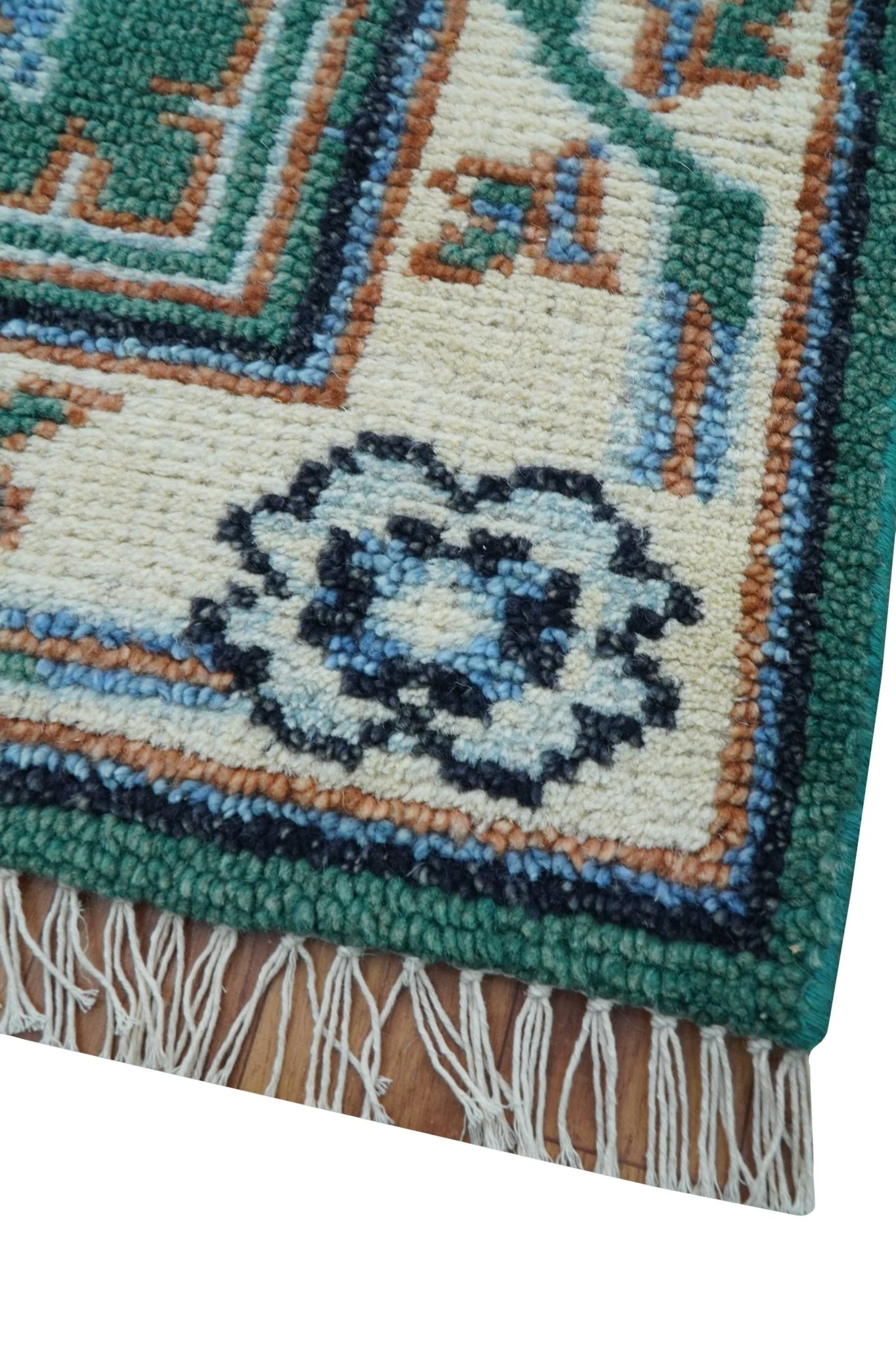 4x6 Hand knotted Traditional Khotan Design Teal And Ivory Wool Rug - Image 6