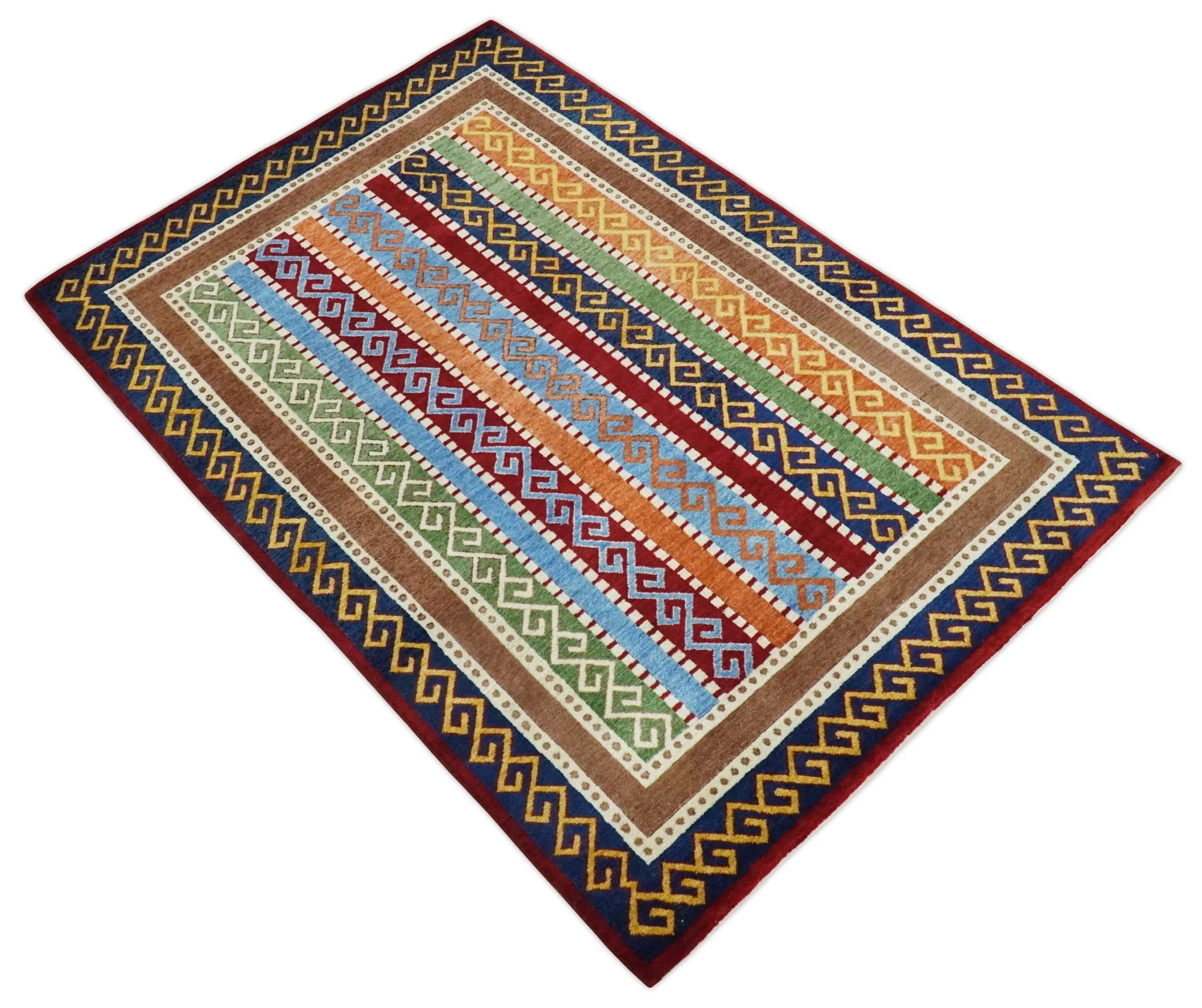 4x6 Multi-colour Striped Wool Hand Woven Southwestern Gabbeh Rug | KNT16 - Image 9