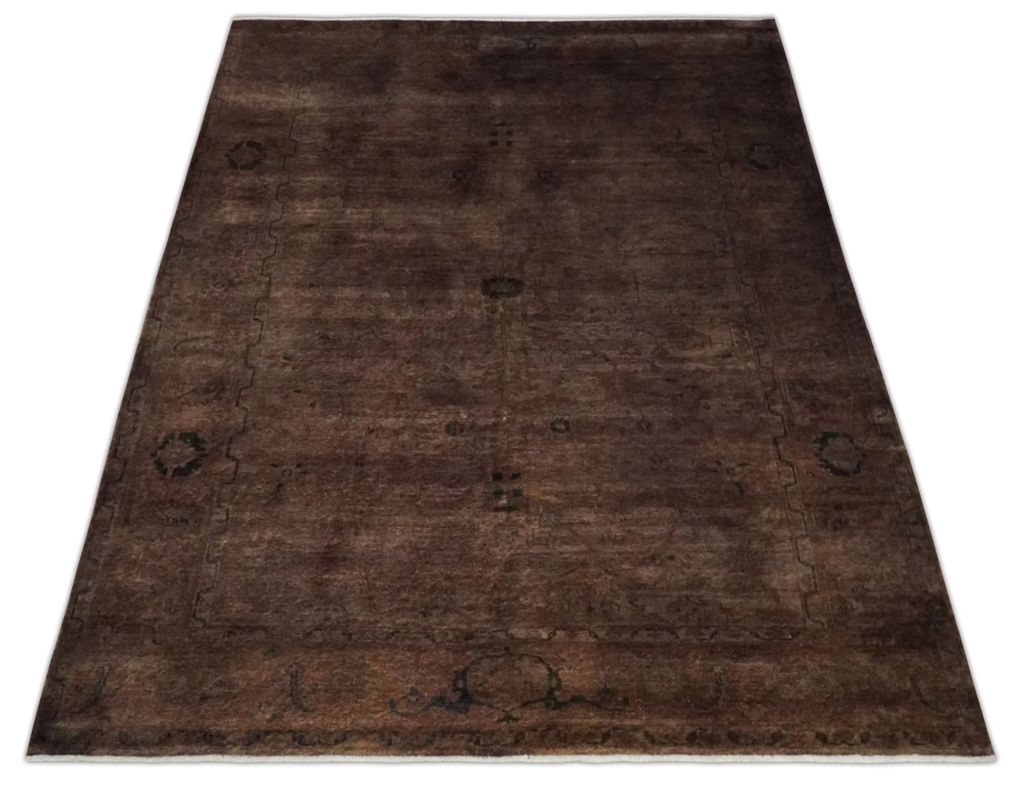 5.10x8.6 Hand Knotted Brown Overdyed Antique Finish Traditional Wool Rug | N34569 - Image 10