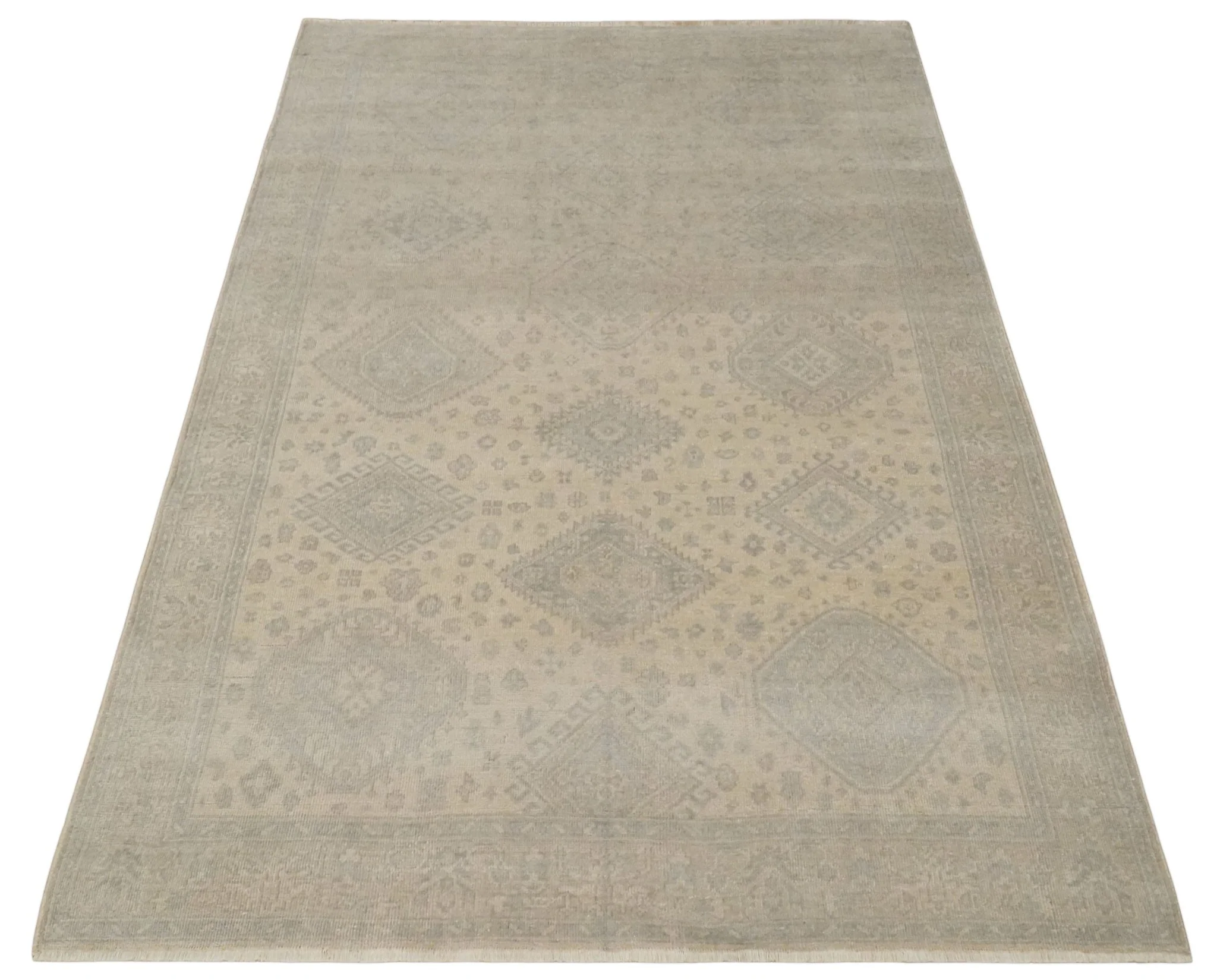 Low Pile 6x9 Hand Knotted Beige and Gray Traditional Wool Area Rug - Image 10