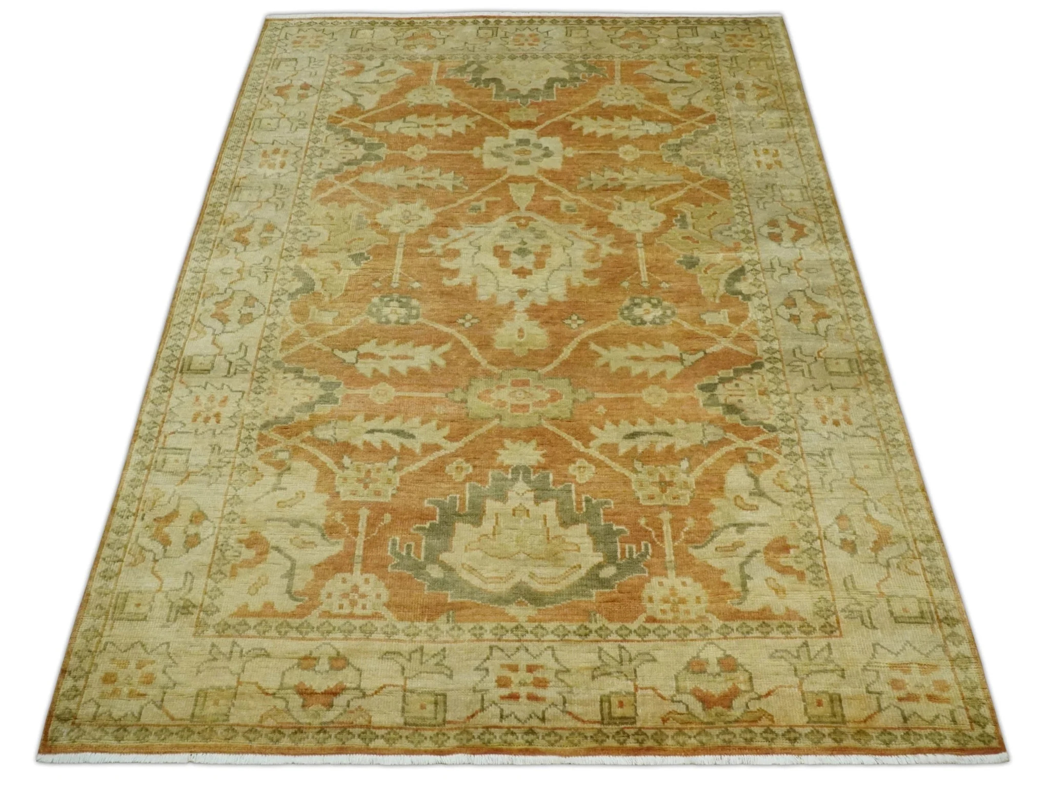 5.8x8.4 Hand Knotted Rust and Beige Traditional Oushak Wool Area Rug - Image 10
