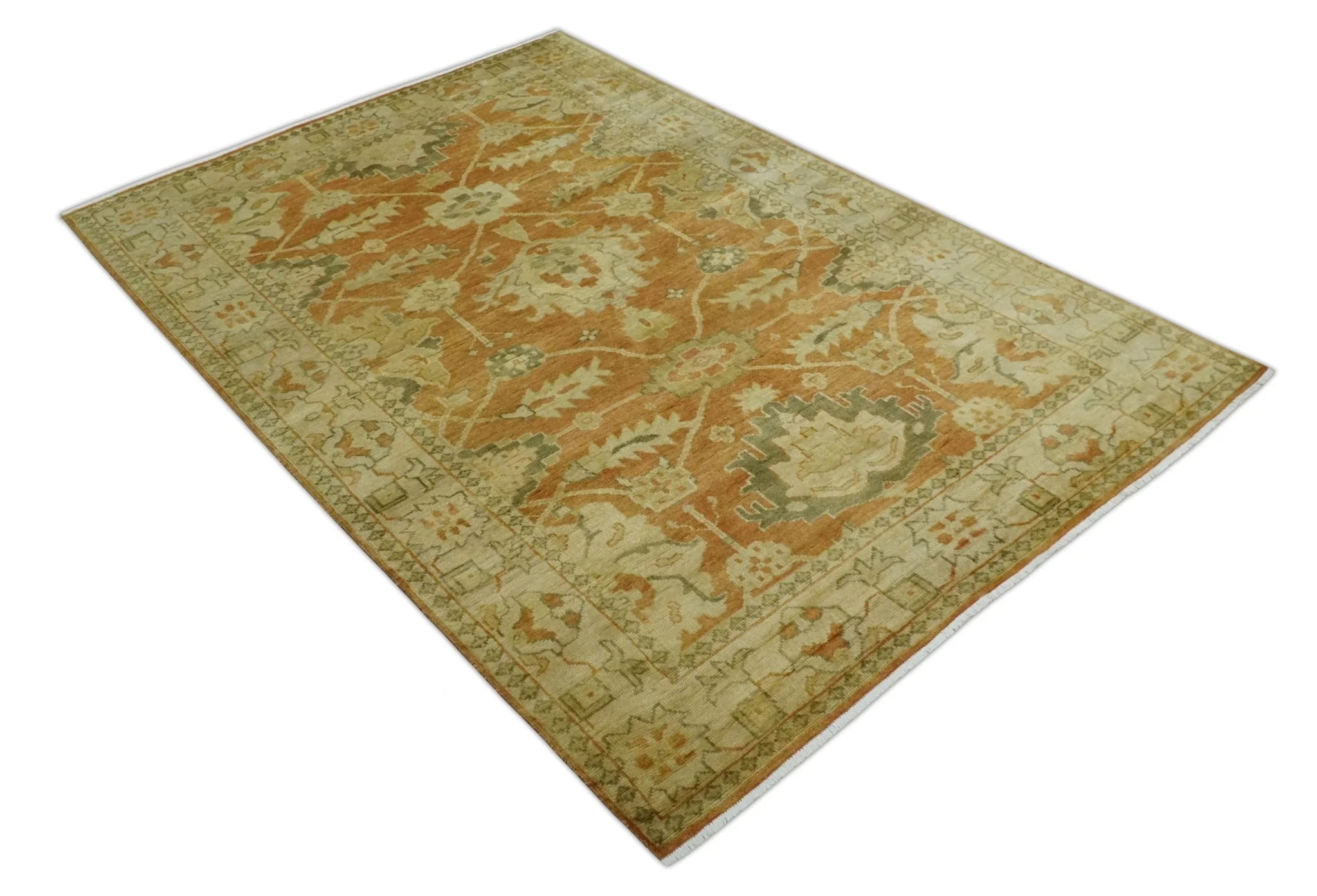 5.8x8.4 Hand Knotted Rust and Beige Traditional Oushak Wool Area Rug - Image 9
