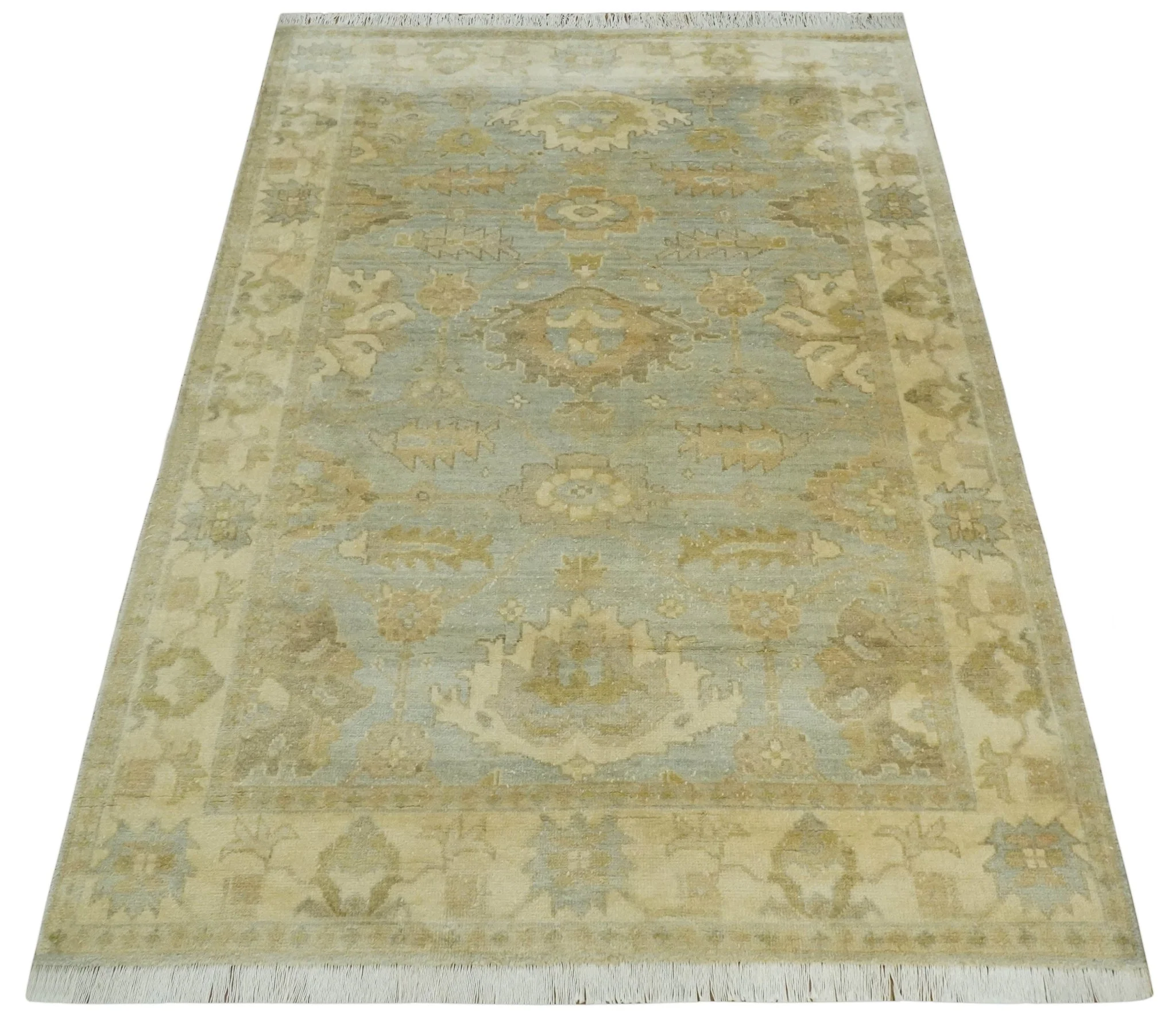 5.8x8.6 Traditional Silver, Beige and Brown Antique Style Hand knotted Oushak wool Area Rug - Image 10