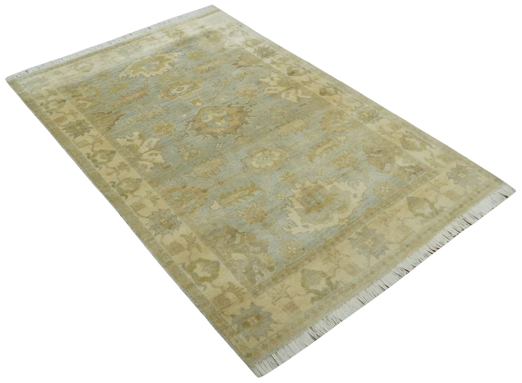 5.8x8.6 Traditional Silver, Beige and Brown Antique Style Hand knotted Oushak wool Area Rug - Image 9
