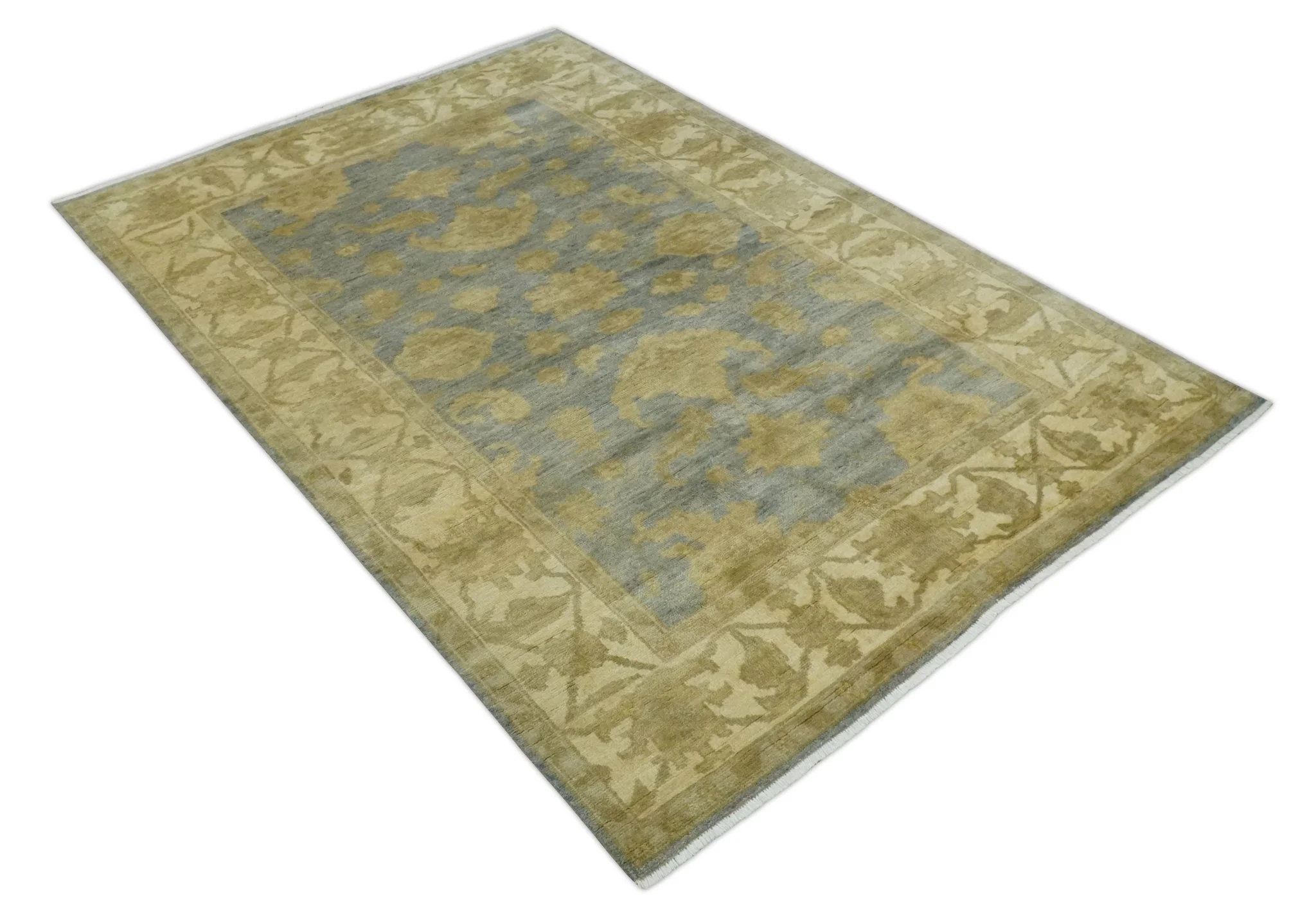 5.9x8.4 Hand Knotted Gray and Beige Traditional Oushak Wool Area Rug - Image 9