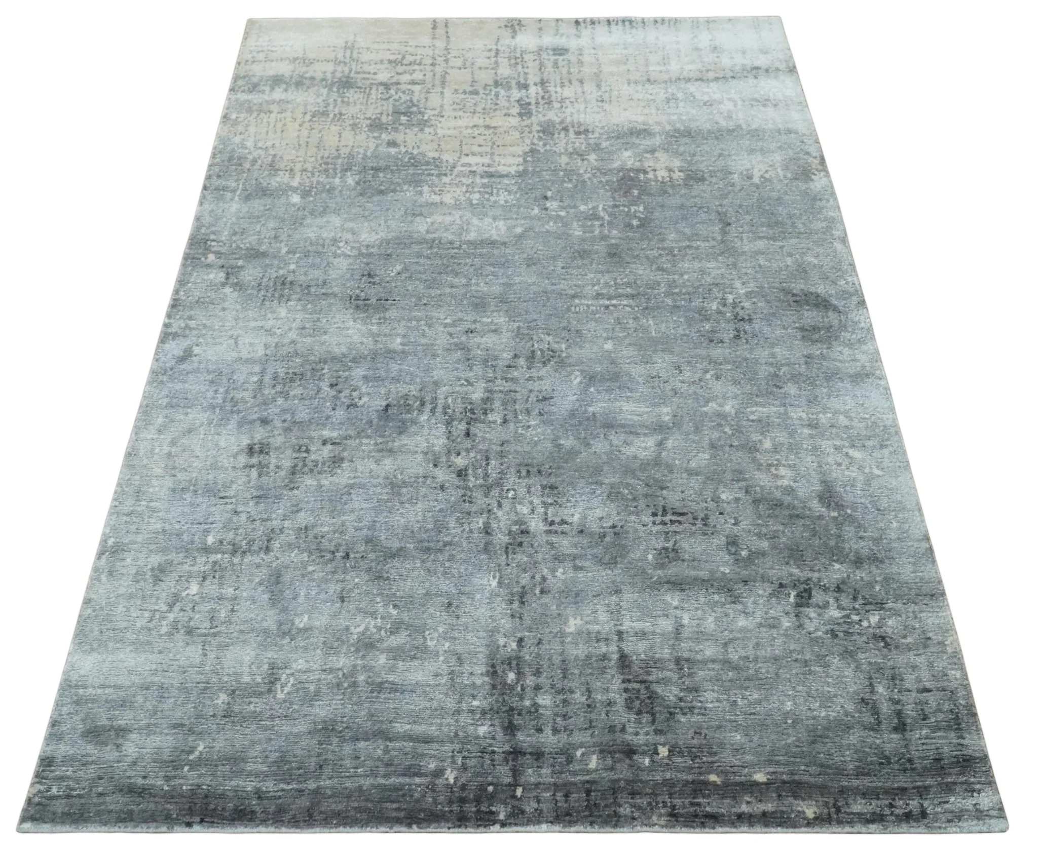Modern Abstract 5.9x8.5 Silver, Beige and Charcoal Hand Knotted bamboo Silk Area Rug - Image 10