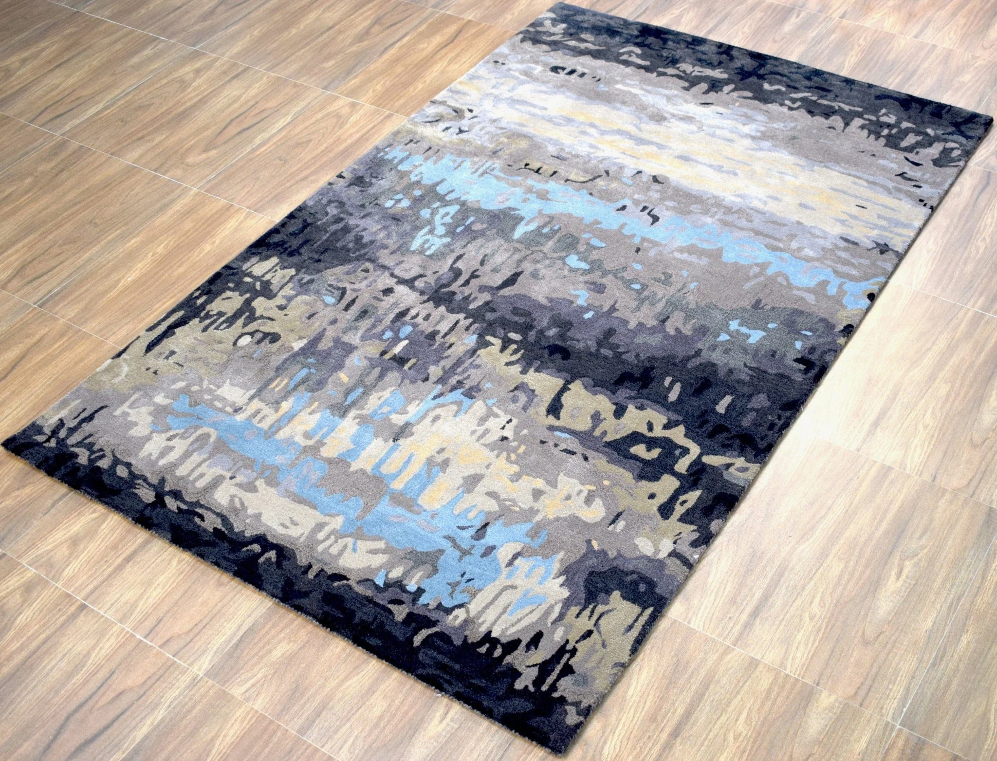 5x8 Abstract Black and Blue Area Rug | Handmade with Wool and Viscose | TRD633958 - Image 3