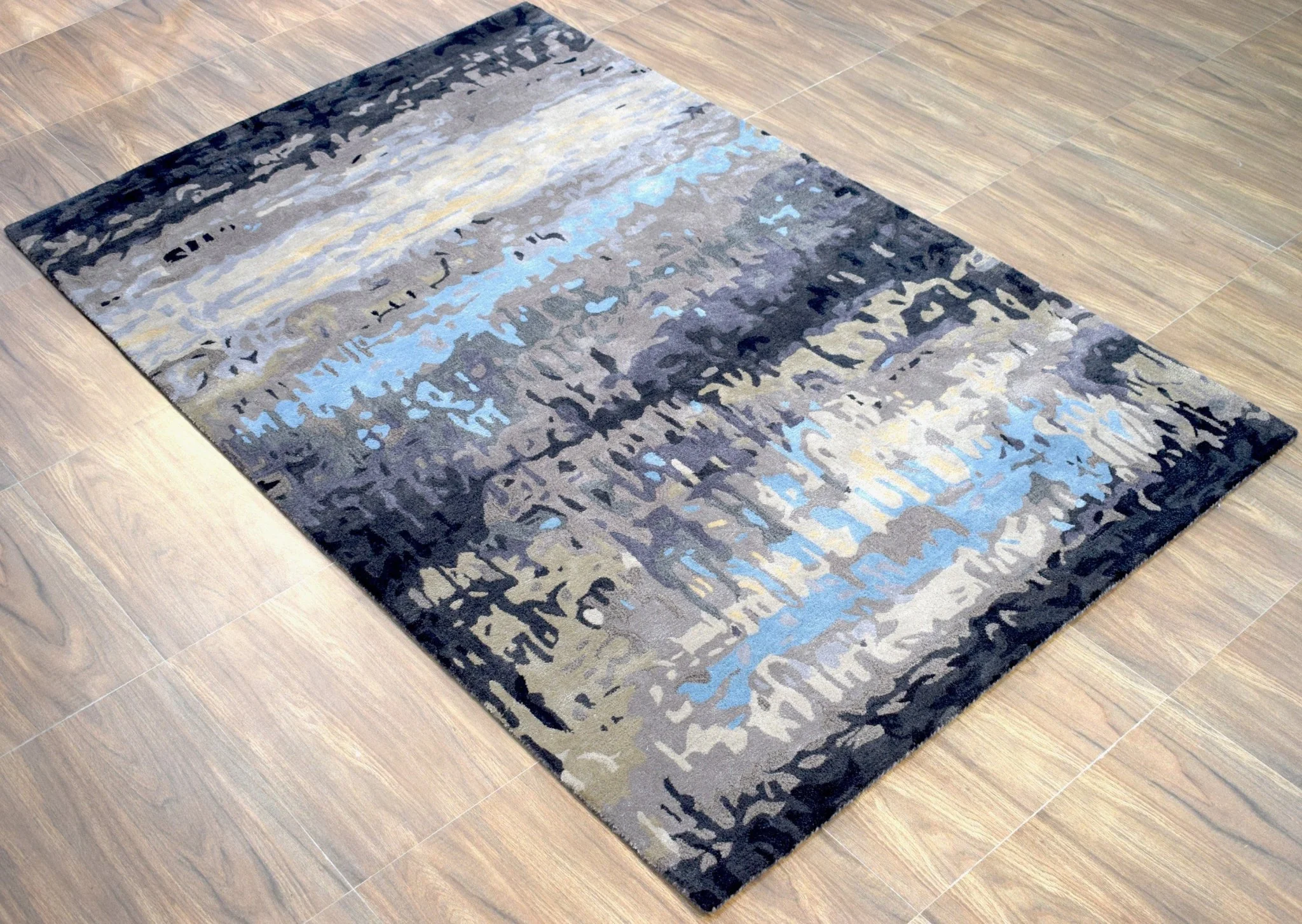5x8 Abstract Black and Blue Area Rug | Handmade with Wool and Viscose | TRD633958 - Image 4