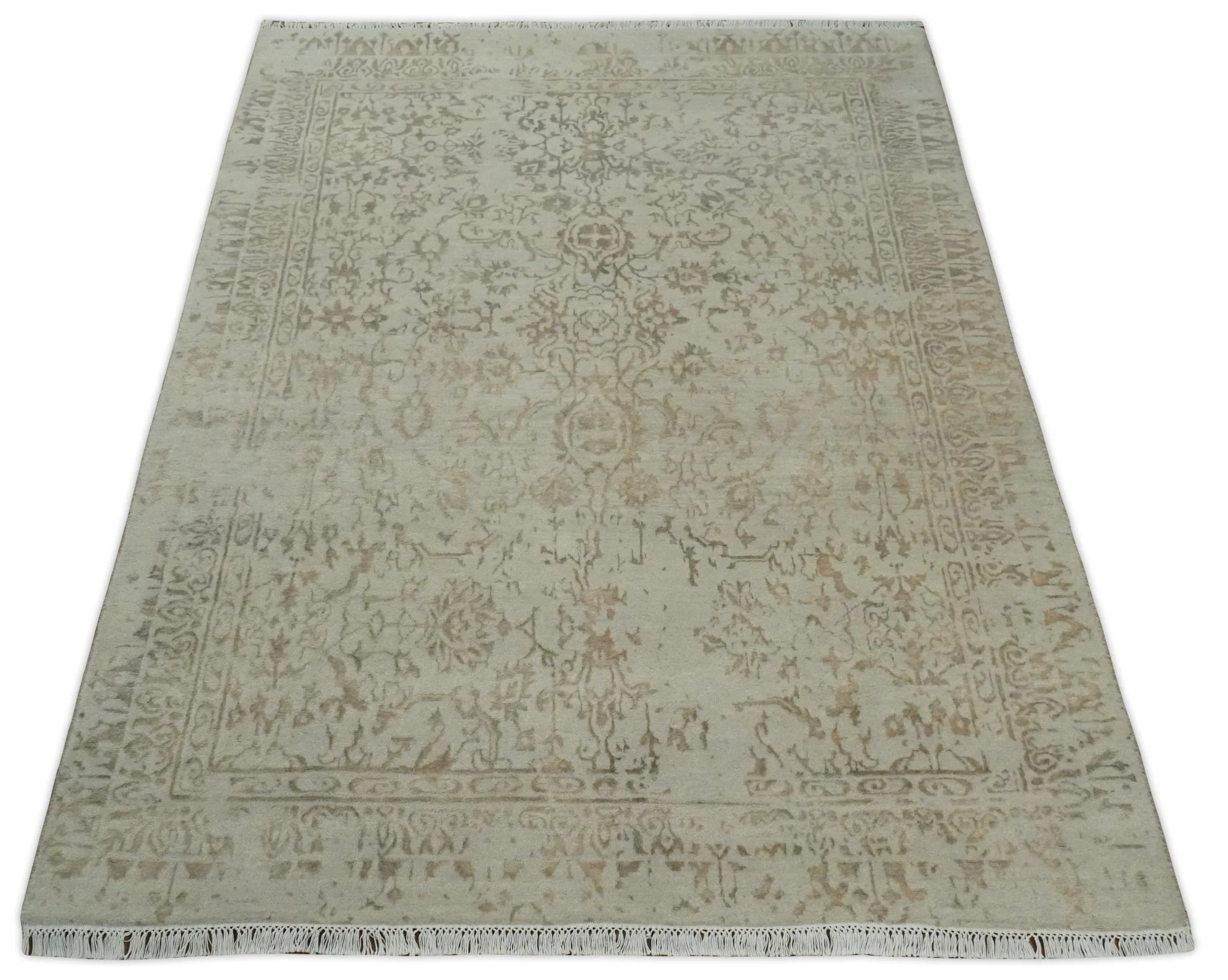5x7 Fine Hand Knotted Beige and Brown Traditional Vintage Persian Style Antique Wool and Silk Rug | AGR50 - Image 10
