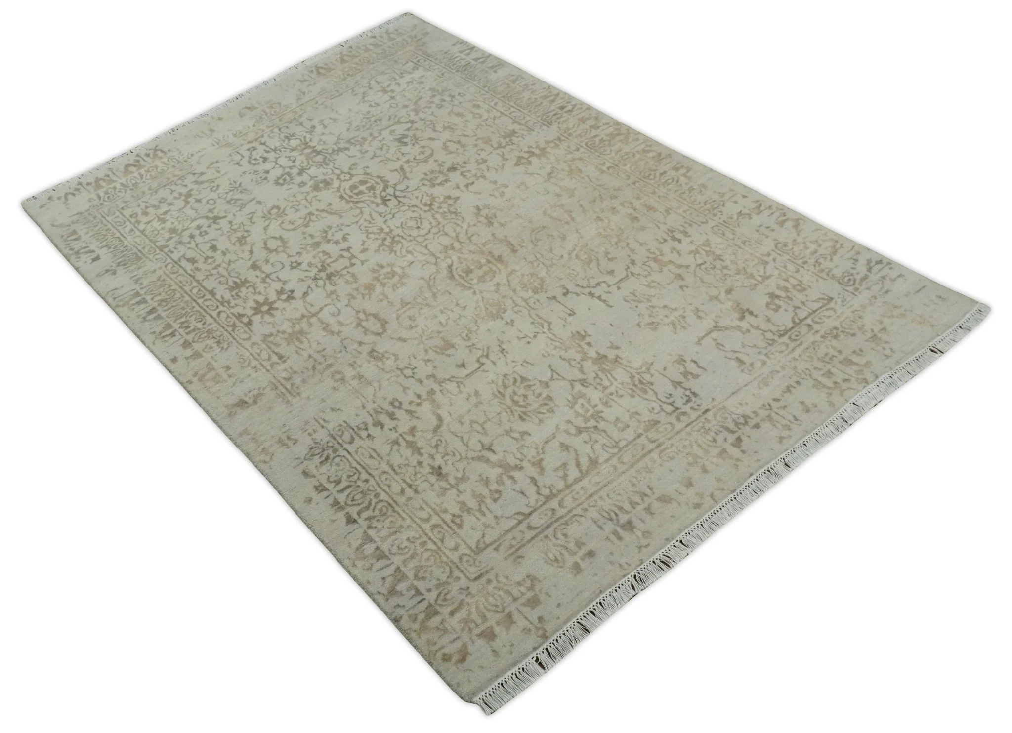 5x7 Fine Hand Knotted Beige and Brown Traditional Vintage Persian Style Antique Wool and Silk Rug | AGR50 - Image 9