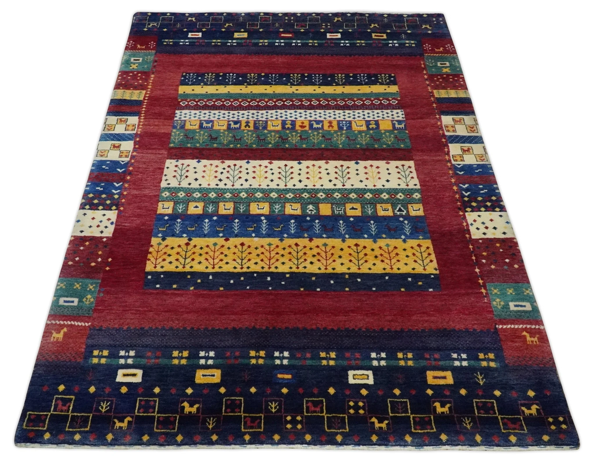 Tree 5x7 Multicolor Red and Blue Hand Knotted Wool Hand Made Lori Rug | KNT45 - Image 10