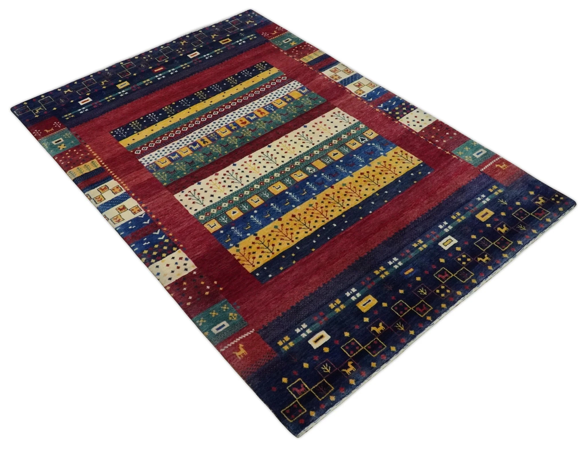 Tree 5x7 Multicolor Red and Blue Hand Knotted Wool Hand Made Lori Rug | KNT45 - Image 9