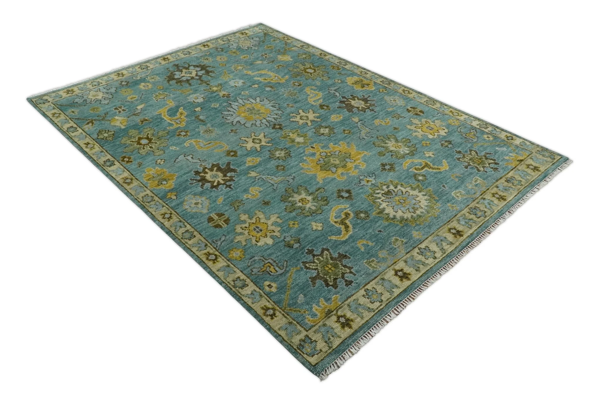Antique Moss Green and Blue Wool Hand Knotted Traditional Oriental Oushak Multi size Wool Area Rug - Image 12