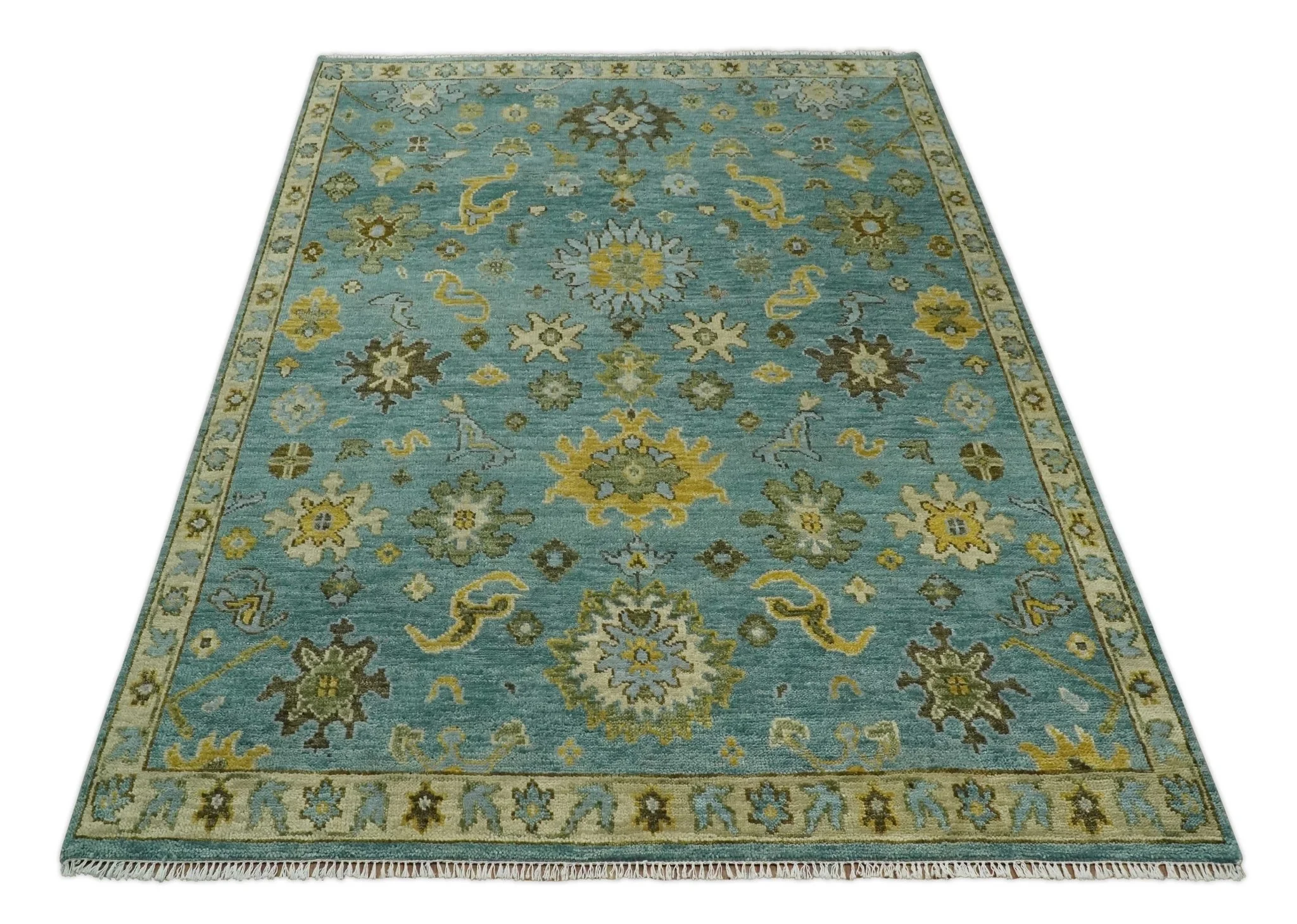 Antique Moss Green and Blue Wool Hand Knotted Traditional Oriental Oushak Multi size Wool Area Rug - Image 13