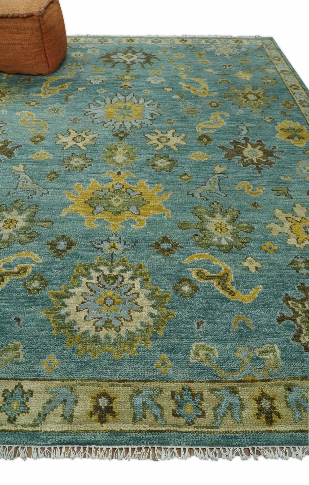 Antique Moss Green and Blue Wool Hand Knotted Traditional Oriental Oushak Multi size Wool Area Rug - Image 3