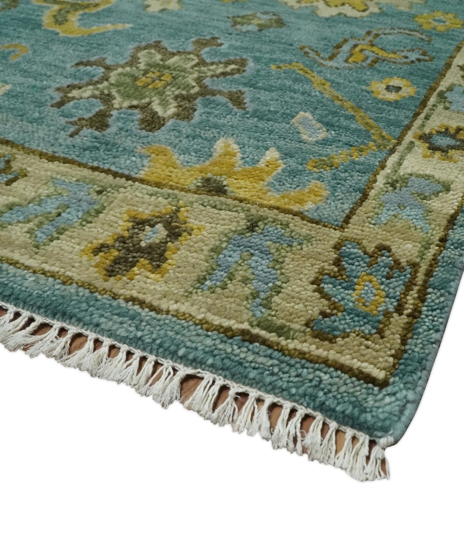 Antique Moss Green and Blue Wool Hand Knotted Traditional Oriental Oushak Multi size Wool Area Rug - Image 5