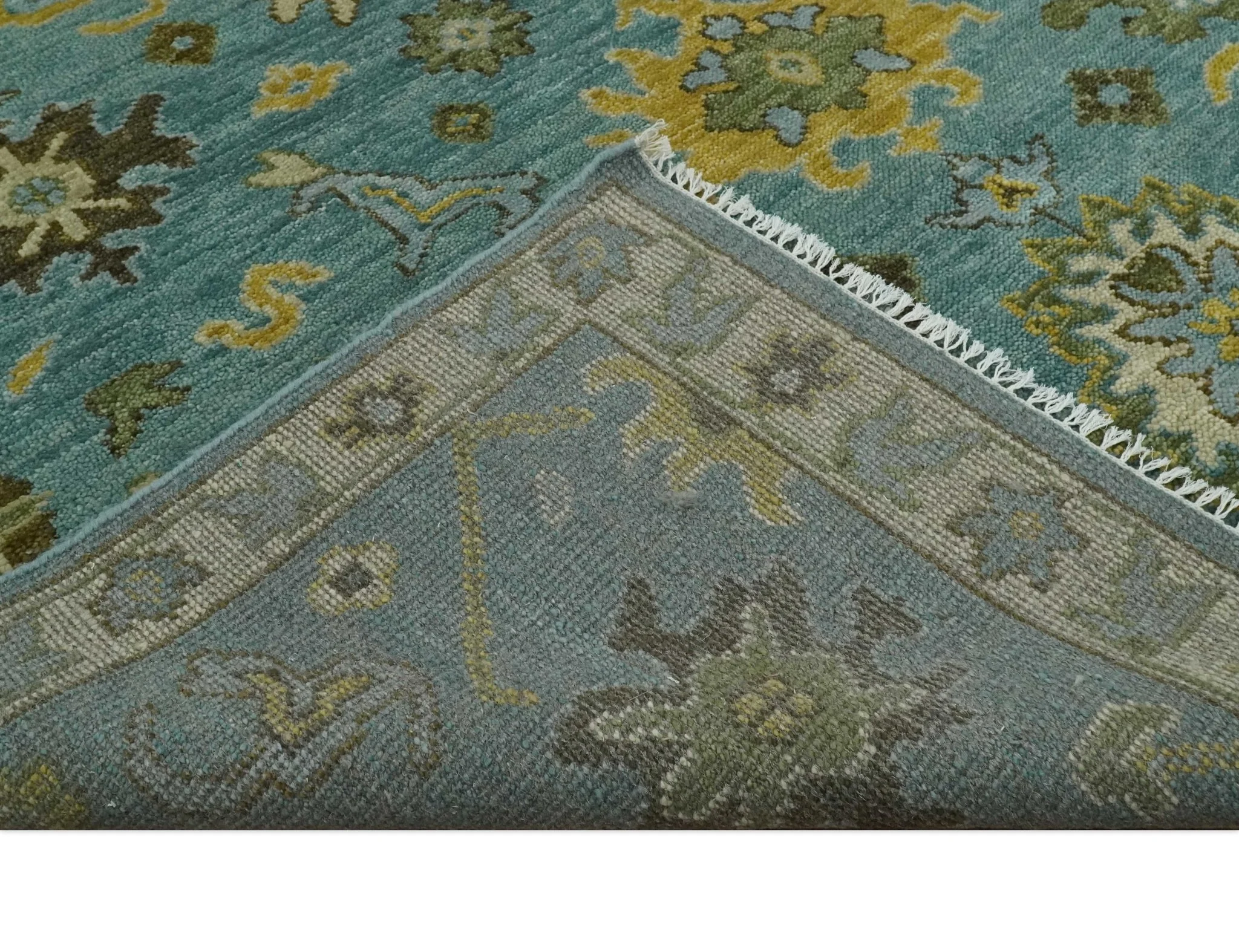 Antique Moss Green and Blue Wool Hand Knotted Traditional Oriental Oushak Multi size Wool Area Rug - Image 7