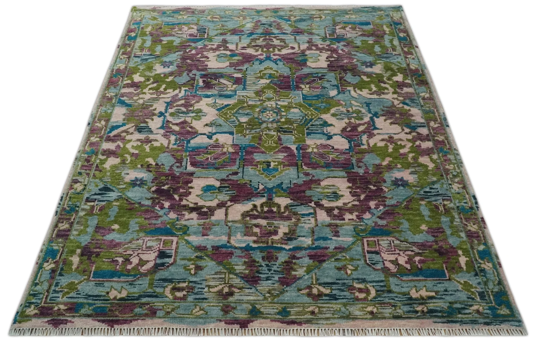 Transitional Hand Knotted Custom Made Green, Aqua, Peach and Purple Wool Rug - Image 10