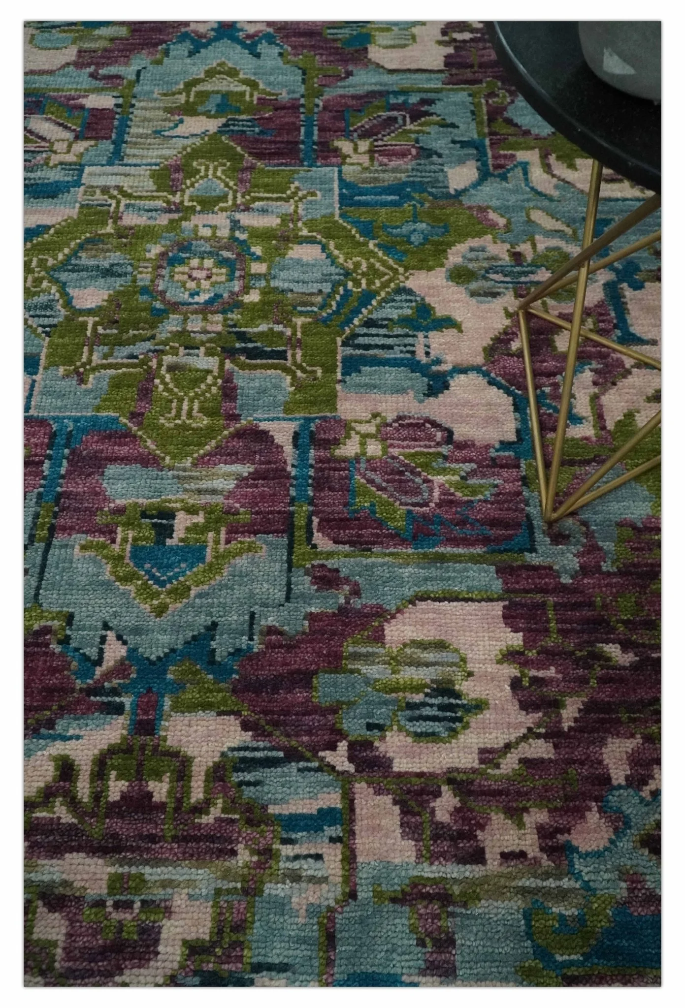 Transitional Hand Knotted Custom Made Green, Aqua, Peach and Purple Wool Rug - Image 2