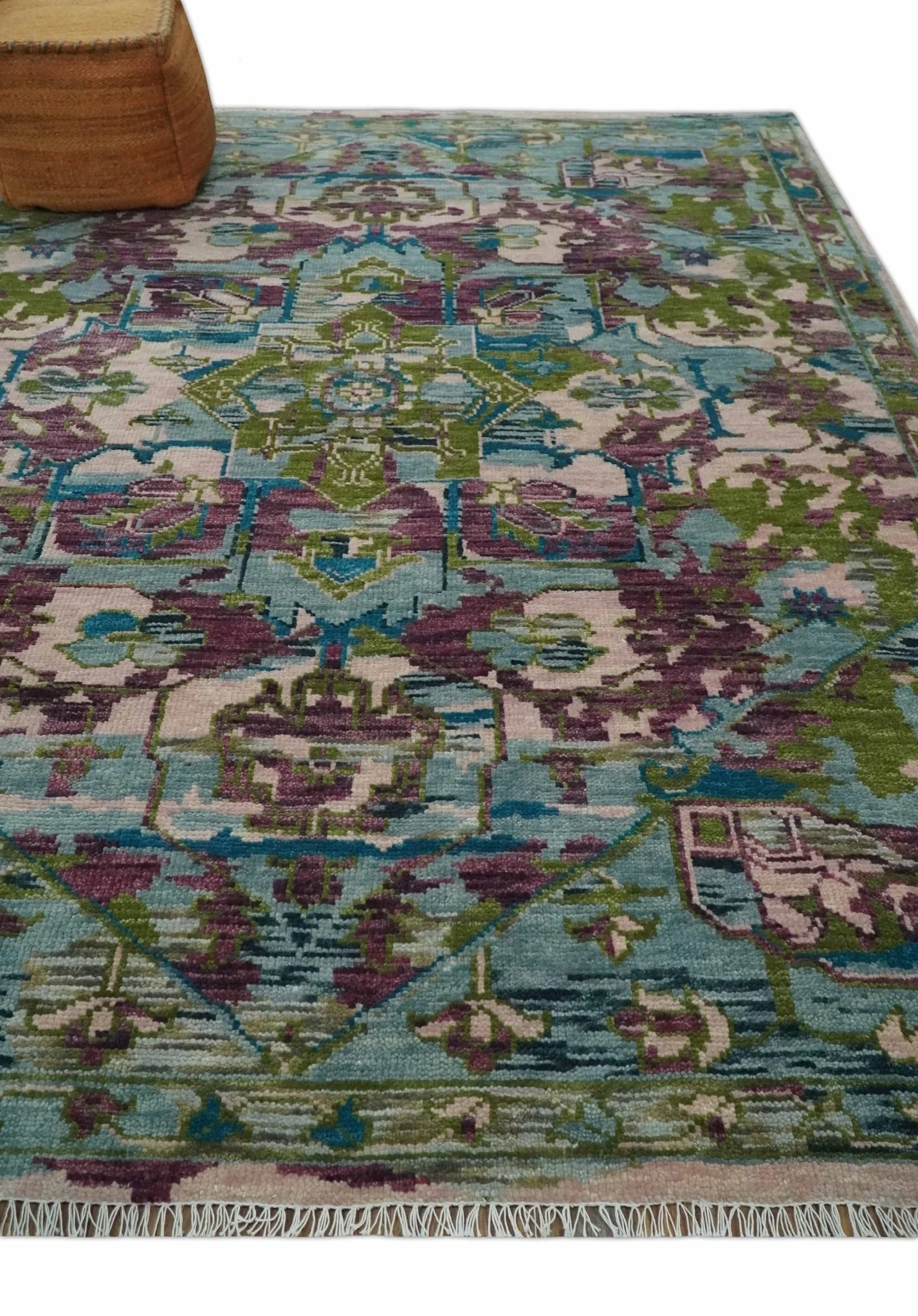 Transitional Hand Knotted Custom Made Green, Aqua, Peach and Purple Wool Rug - Image 3