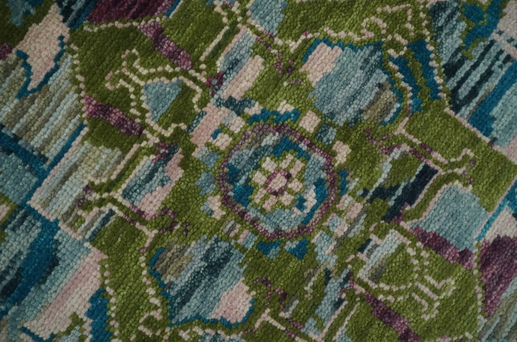 Transitional Hand Knotted Custom Made Green, Aqua, Peach and Purple Wool Rug - Image 4