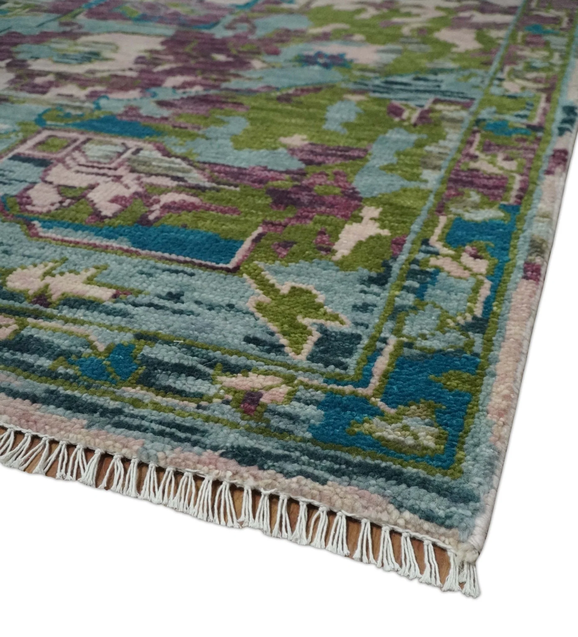 Transitional Hand Knotted Custom Made Green, Aqua, Peach and Purple Wool Rug - Image 5
