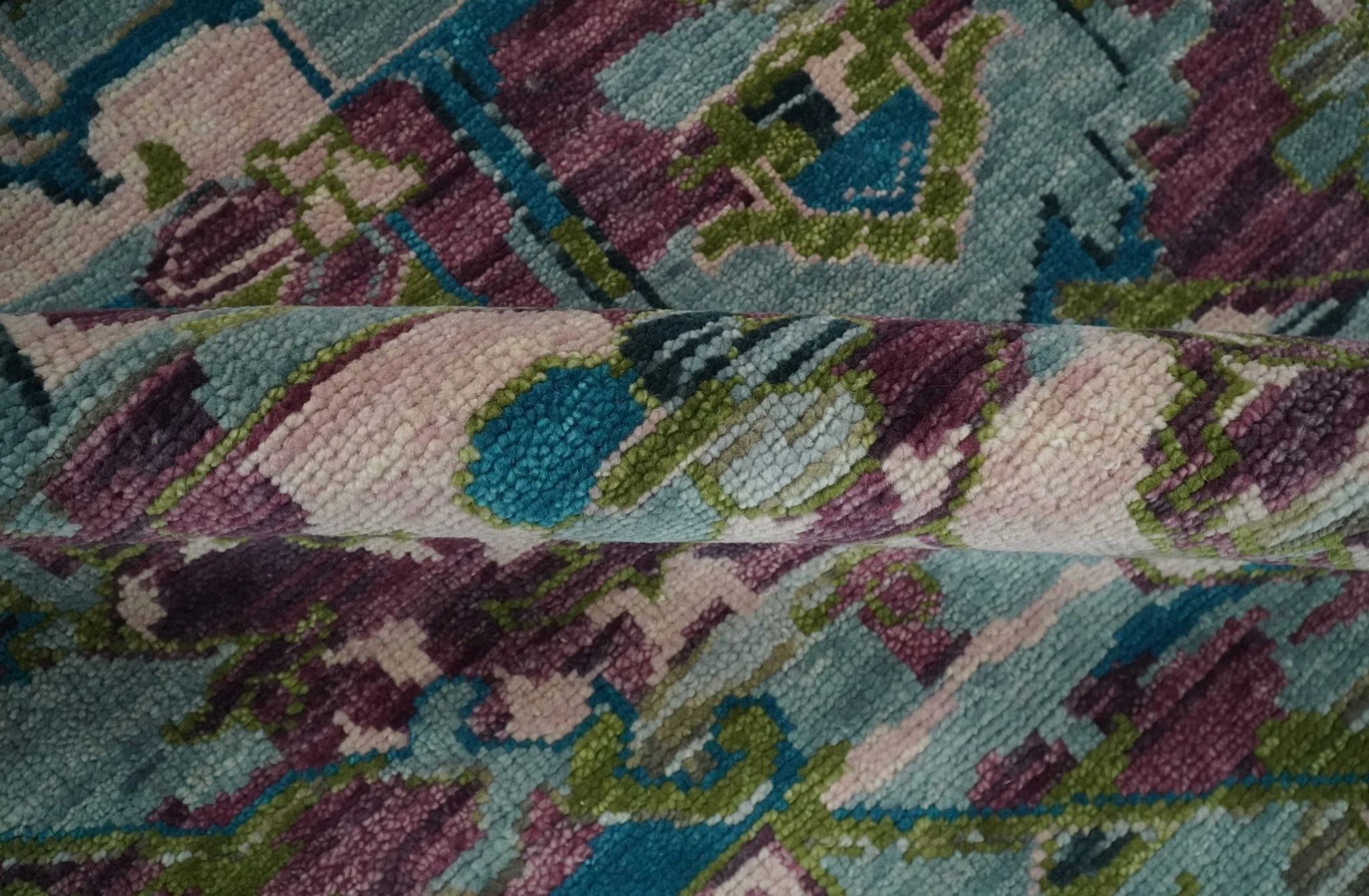 Transitional Hand Knotted Custom Made Green, Aqua, Peach and Purple Wool Rug - Image 6