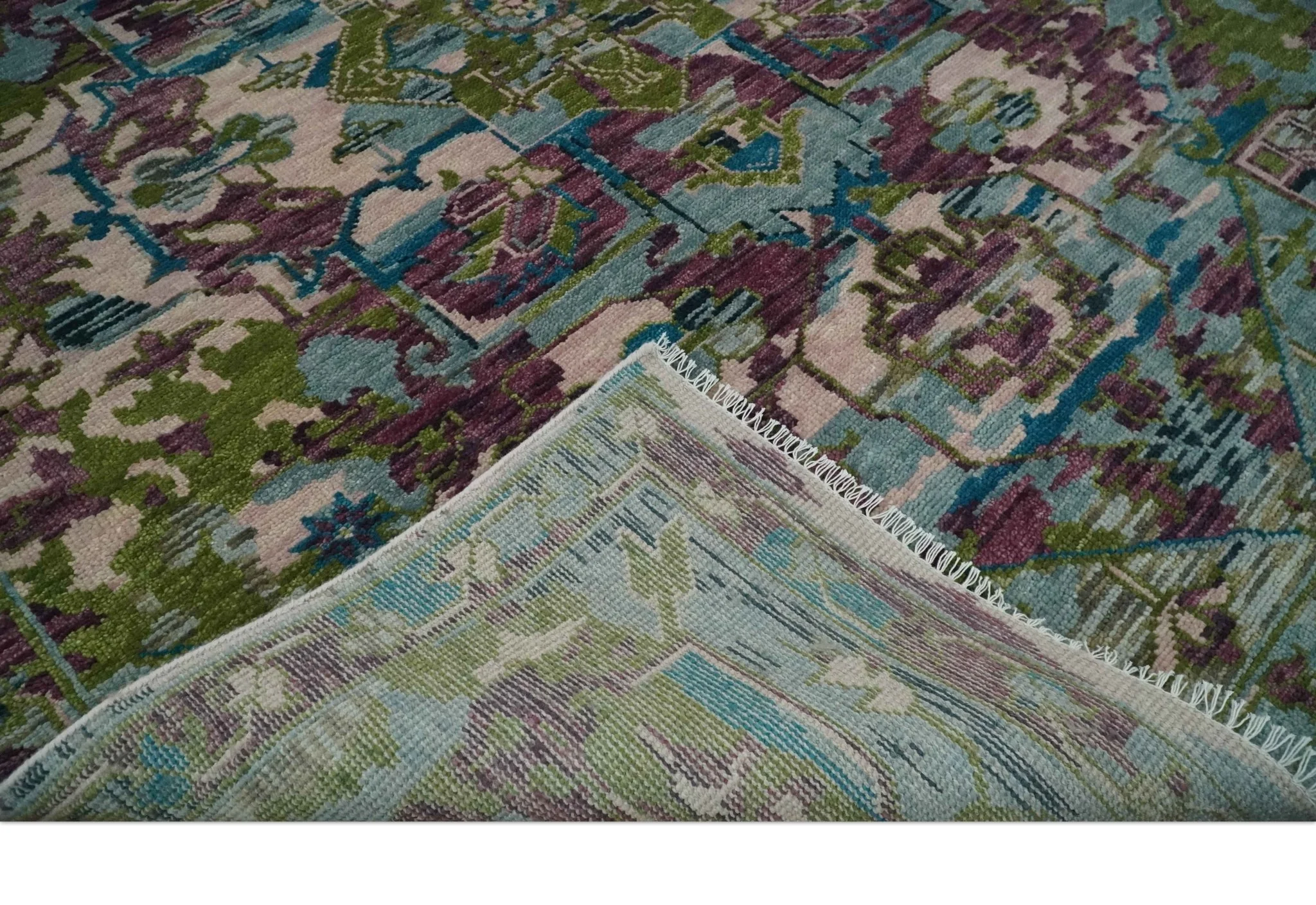 Transitional Hand Knotted Custom Made Green, Aqua, Peach and Purple Wool Rug - Image 7
