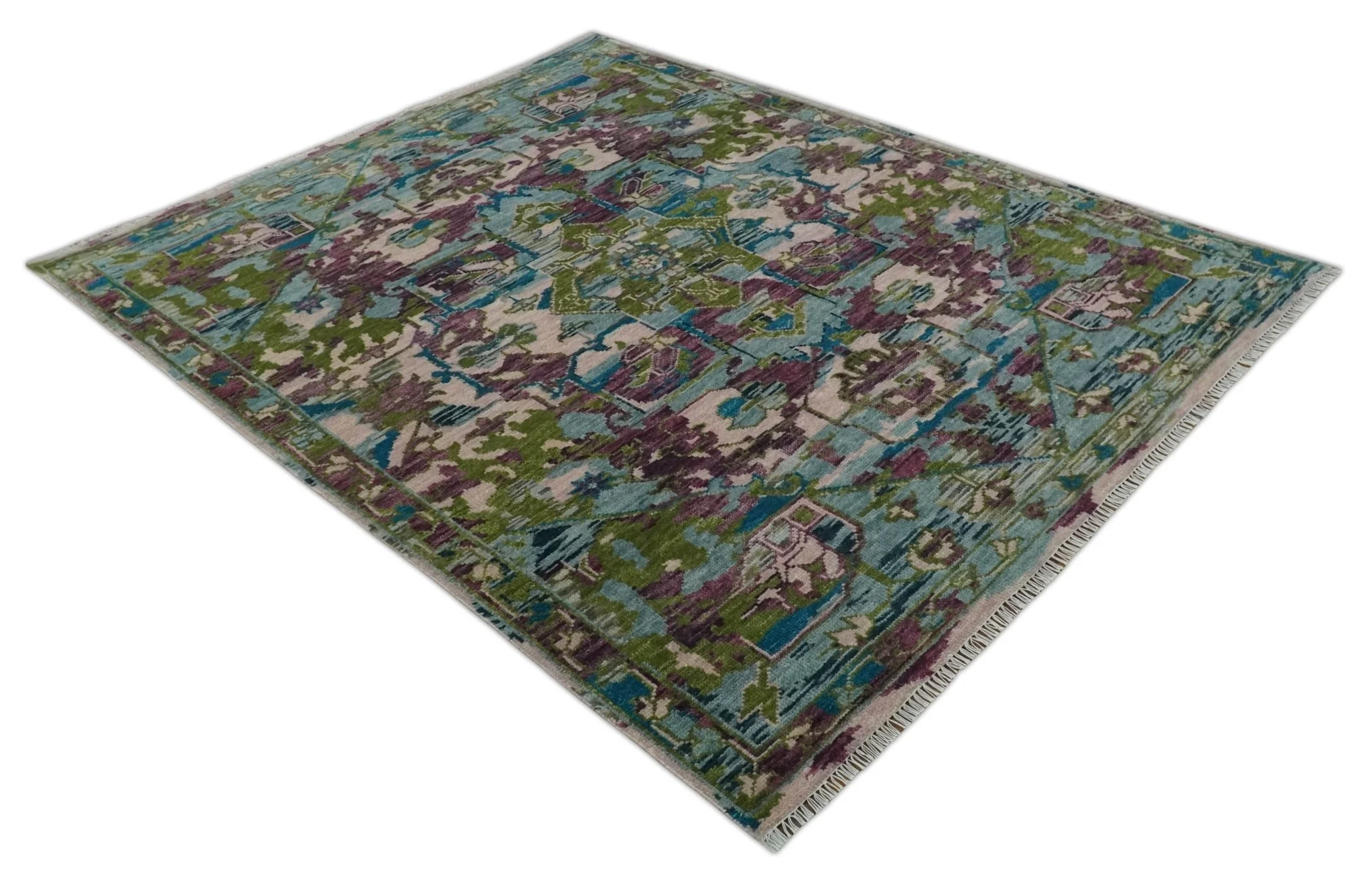 Transitional Hand Knotted Custom Made Green, Aqua, Peach and Purple Wool Rug - Image 9