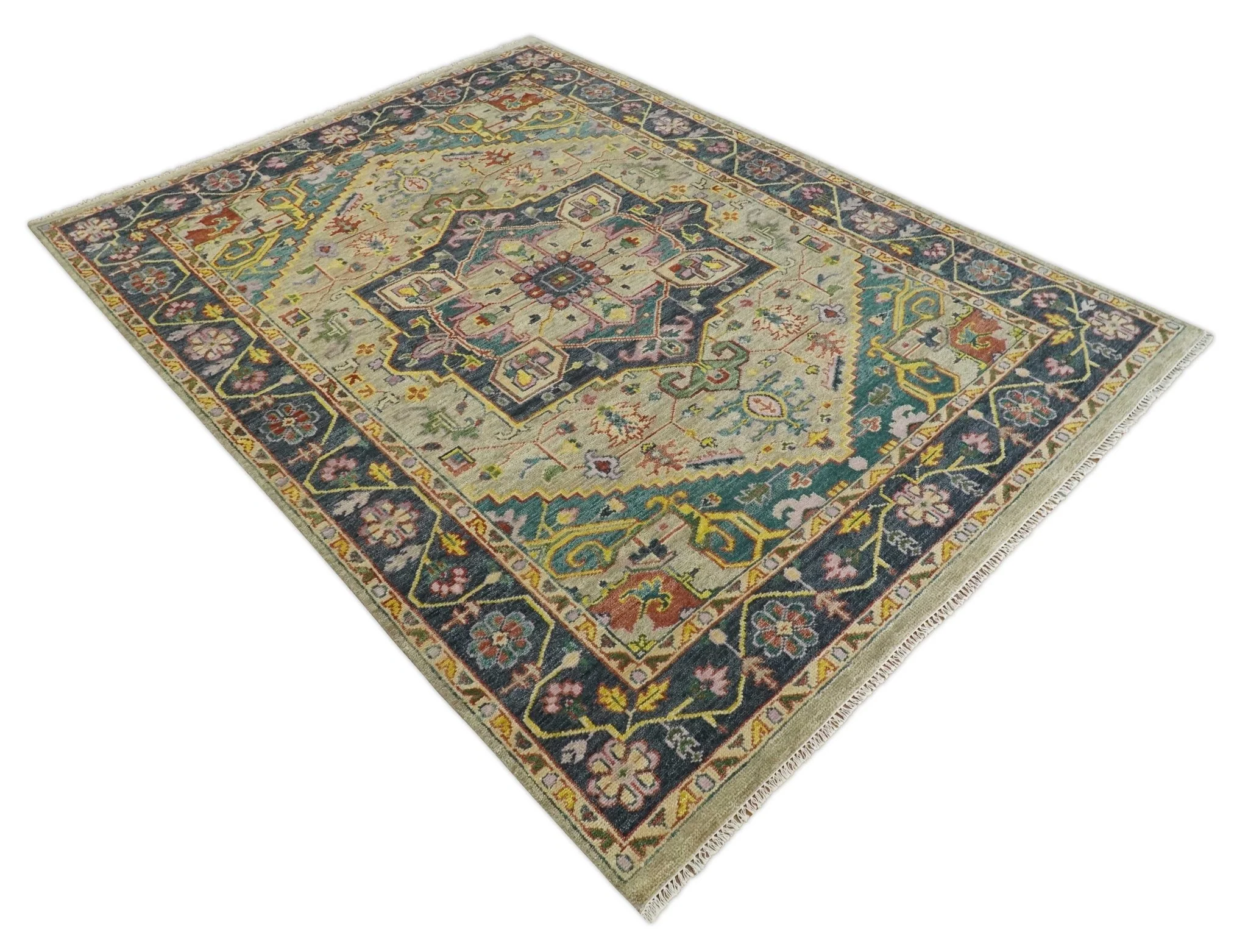 Custom Made Antique look Hand Knotted Camel, Teal and Charcoal Traditional Heriz Serapi Wool Rug - Image 10