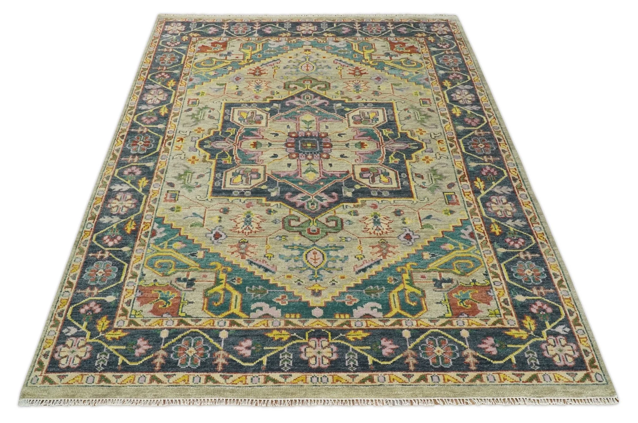 Custom Made Antique look Hand Knotted Camel, Teal and Charcoal Traditional Heriz Serapi Wool Rug - Image 11