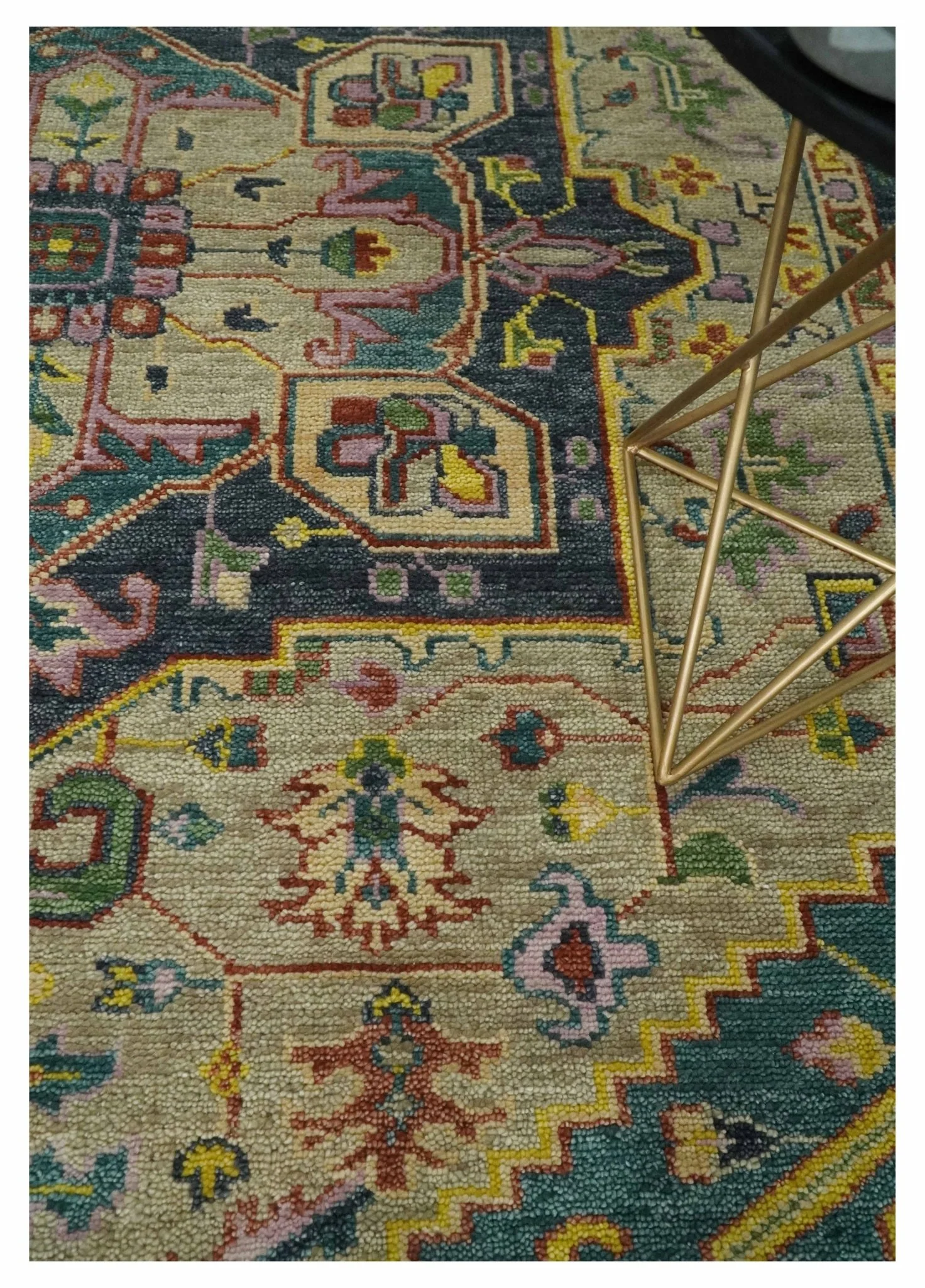 Custom Made Antique look Hand Knotted Camel, Teal and Charcoal Traditional Heriz Serapi Wool Rug - Image 2